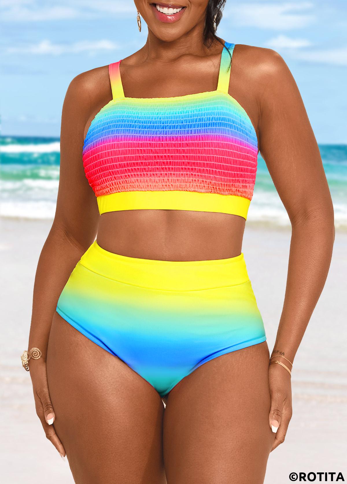 Multi Color swimwear,Rainbow Color swimwear,Ombre swimwear,ROTITA Smocked Multi Color Ombre Bikini Set