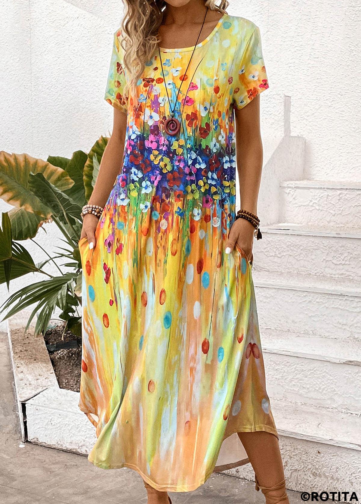 Yellow dresses,Rainbow Color dresses,Plants dresses,Floral dresses,Dot dresses,Everyday dresses,Casual dresses,ROTITA Pocket Random Floral Print Yellow Maxi Shift Dress