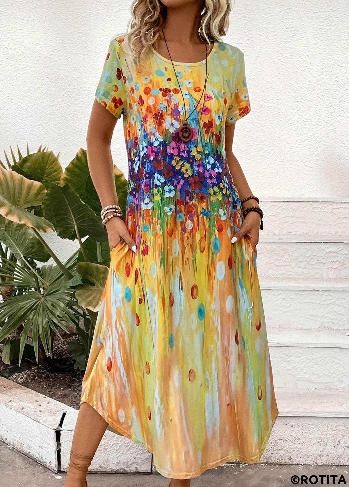 Yellow dresses,Rainbow Color dresses,Plants dresses,Floral dresses,Dot dresses,Everyday dresses,Casual dresses,ROTITA Pocket Random Floral Print Yellow Maxi Shift Dress