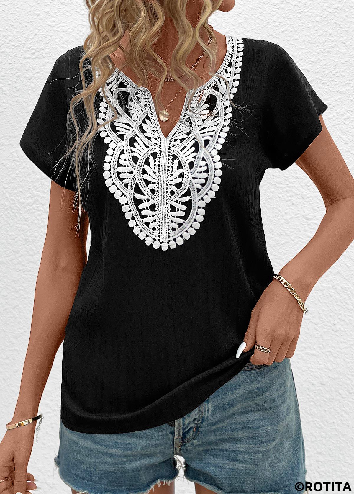 Black tops,White tops,Plain Color tops,ROTITA Patchwork Black Split Neck Short Sleeve T Shirt