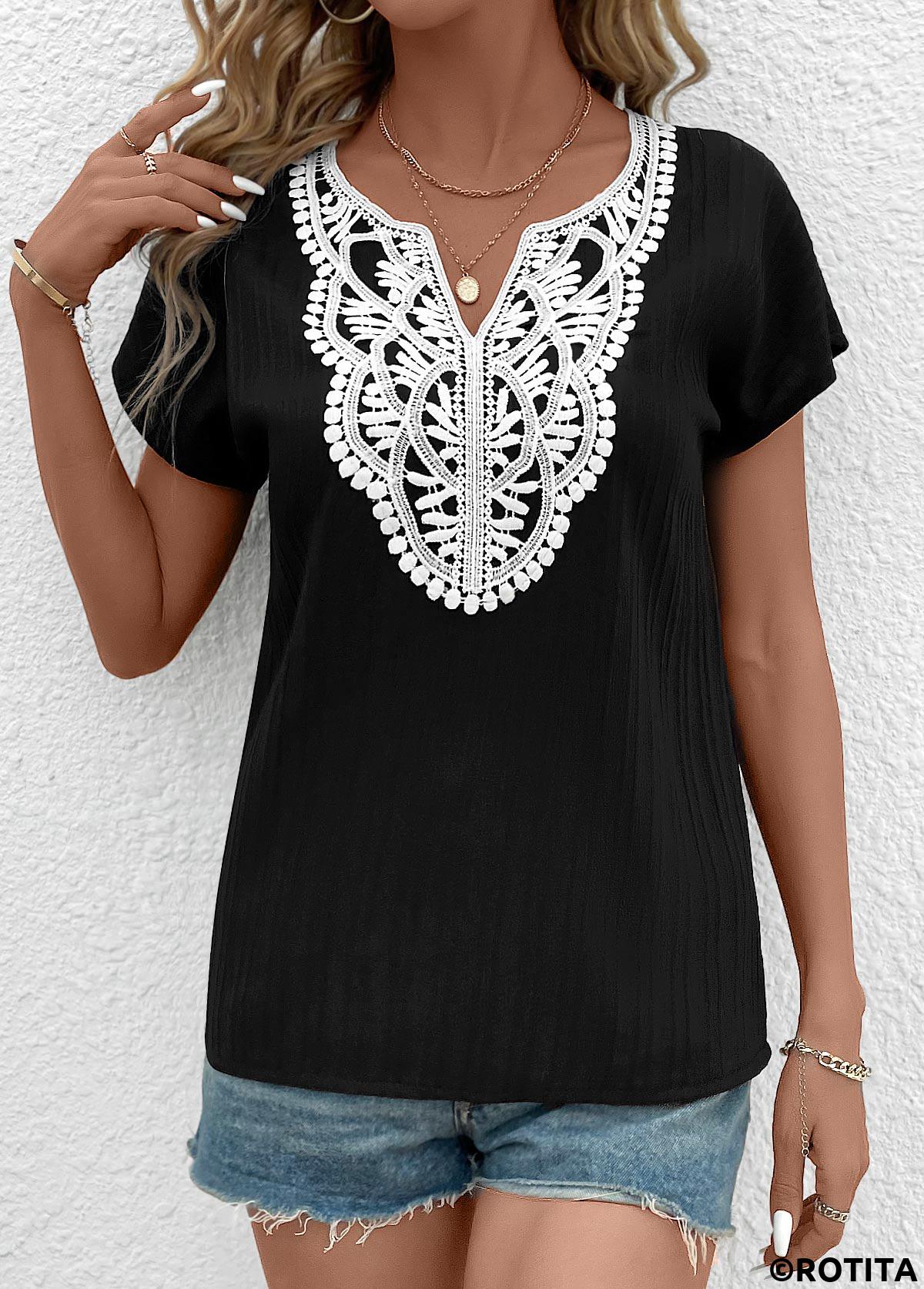 Black tops,White tops,Plain Color tops,ROTITA Patchwork Black Split Neck Short Sleeve T Shirt