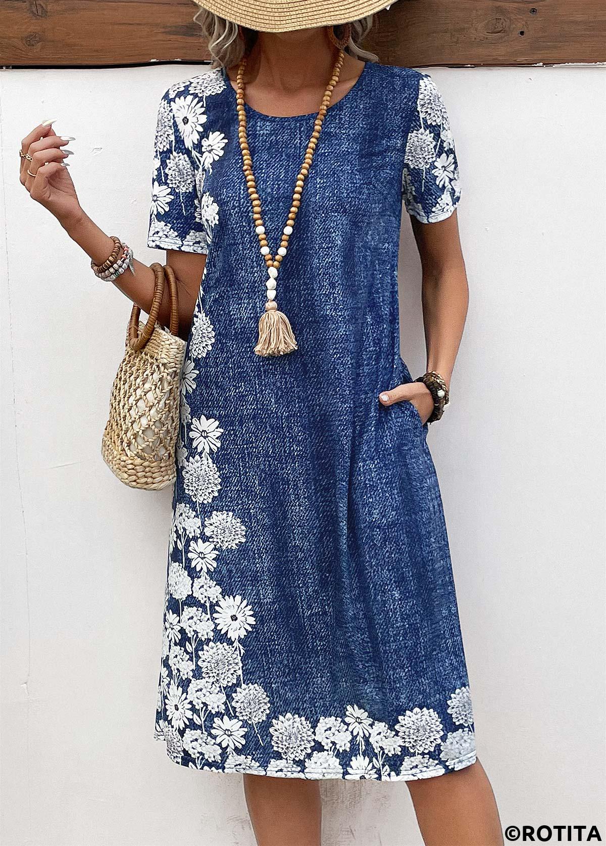 Denim Blue dresses,Floral dresses,Plants dresses,Everyday dresses,Casual dresses,ROTITA Pocket Floral Print Denim Blue A Line Dress