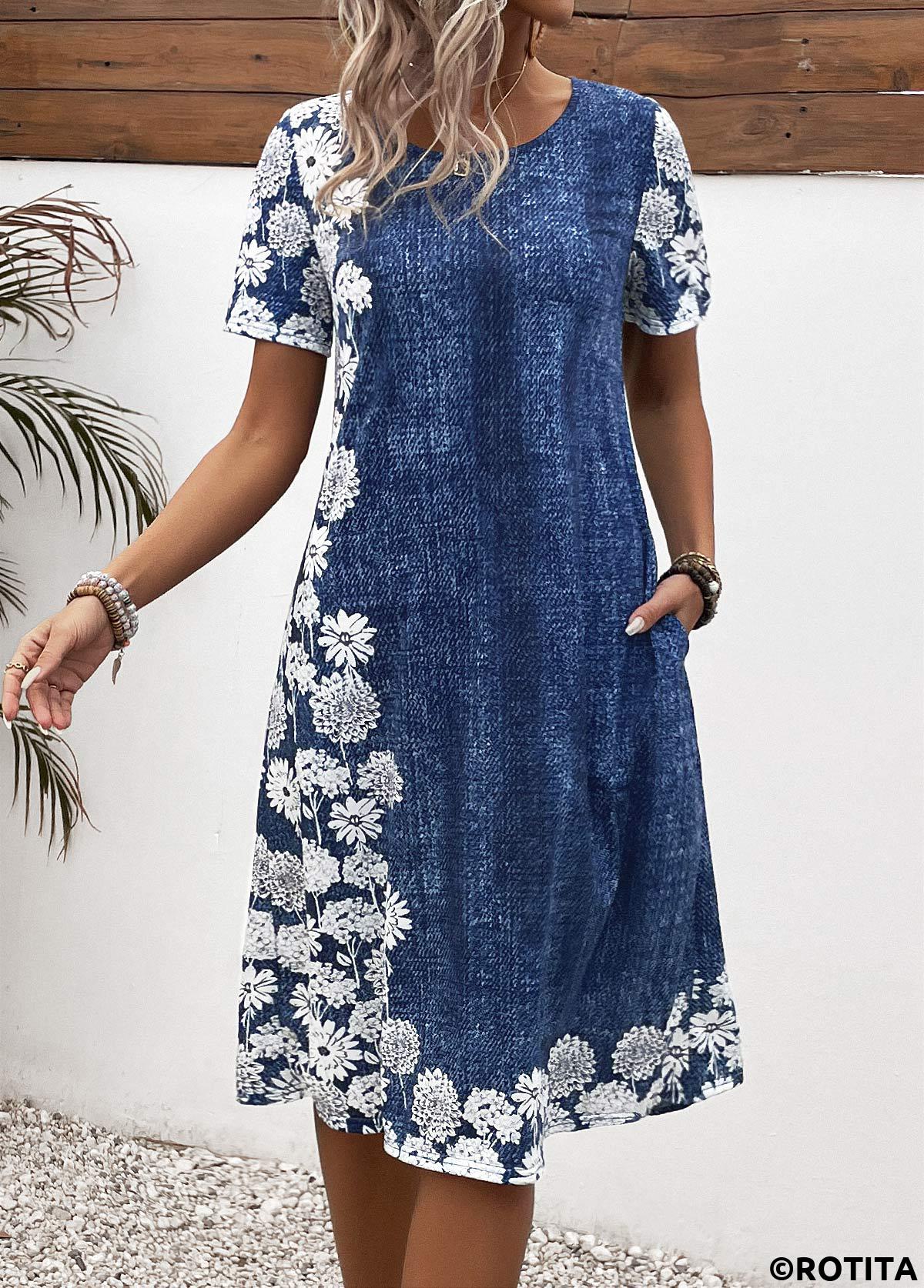 Denim Blue dresses,Floral dresses,Plants dresses,Everyday dresses,Casual dresses,ROTITA Pocket Floral Print Denim Blue A Line Dress