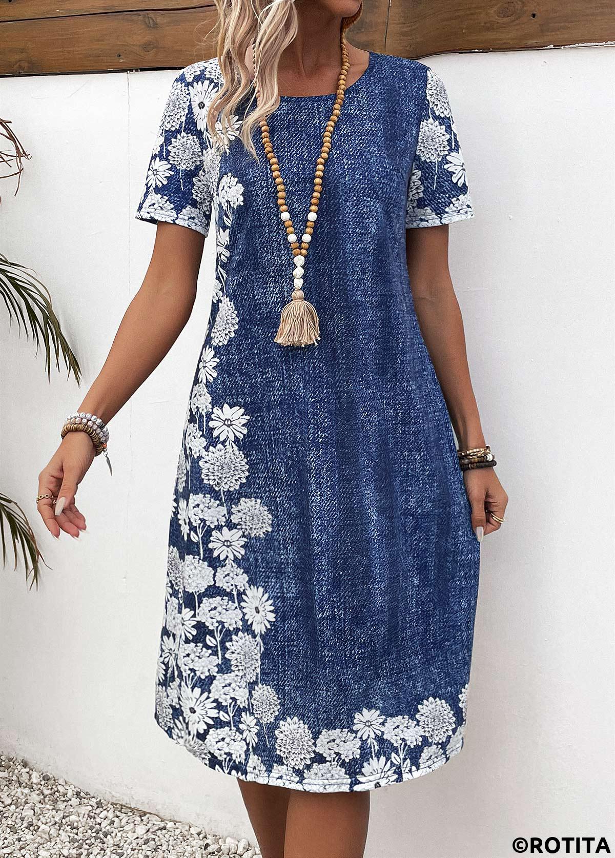 Denim Blue dresses,Floral dresses,Plants dresses,Everyday dresses,Casual dresses,ROTITA Pocket Floral Print Denim Blue A Line Dress