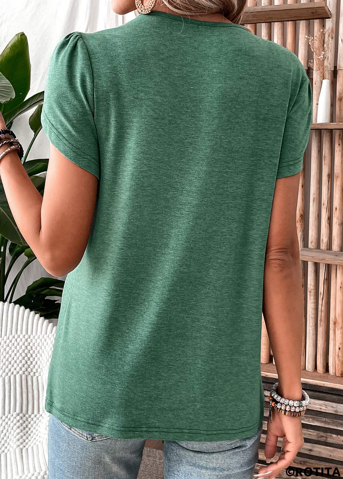 ROTITA Patchwork Turquoise V Neck Short Sleeve T Shirt