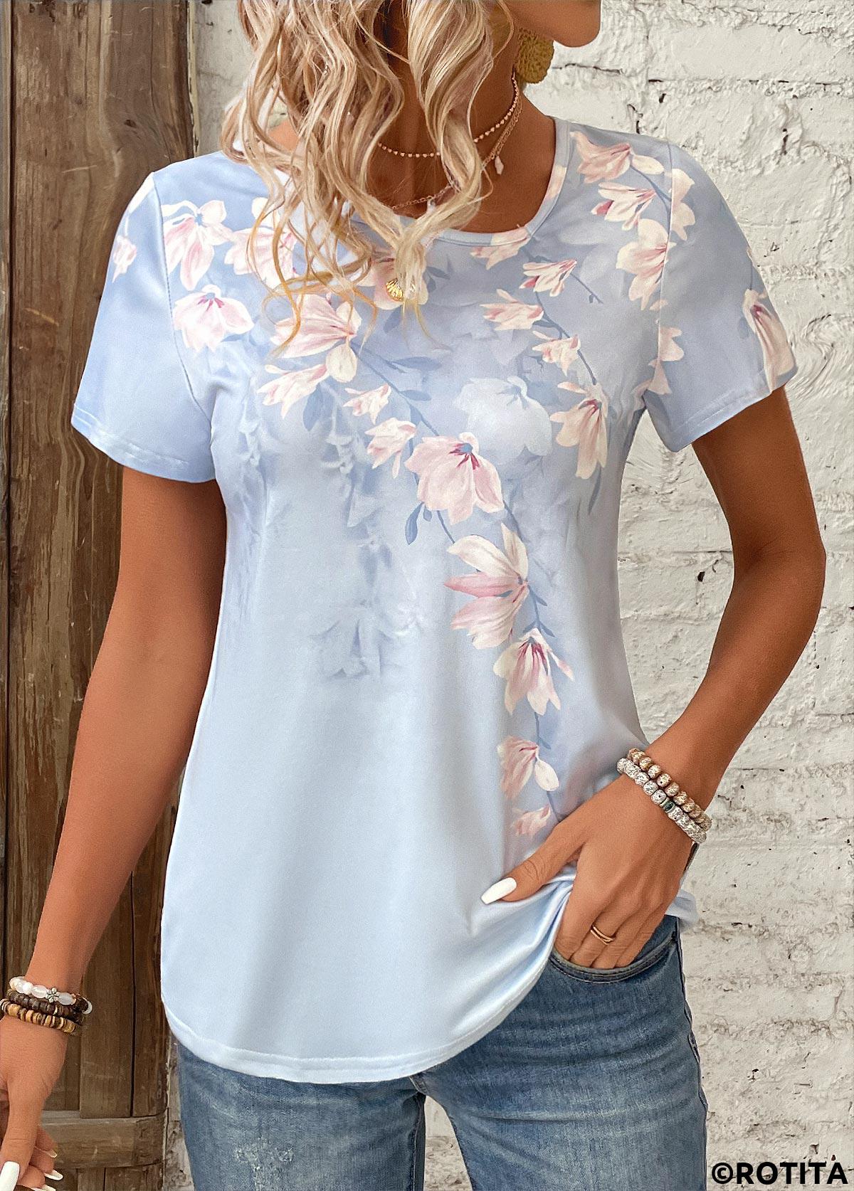 Light Blue tops,Floral tops,Plants tops,Asymmetry Floral Print Light Blue Short Sleeve T Shirt