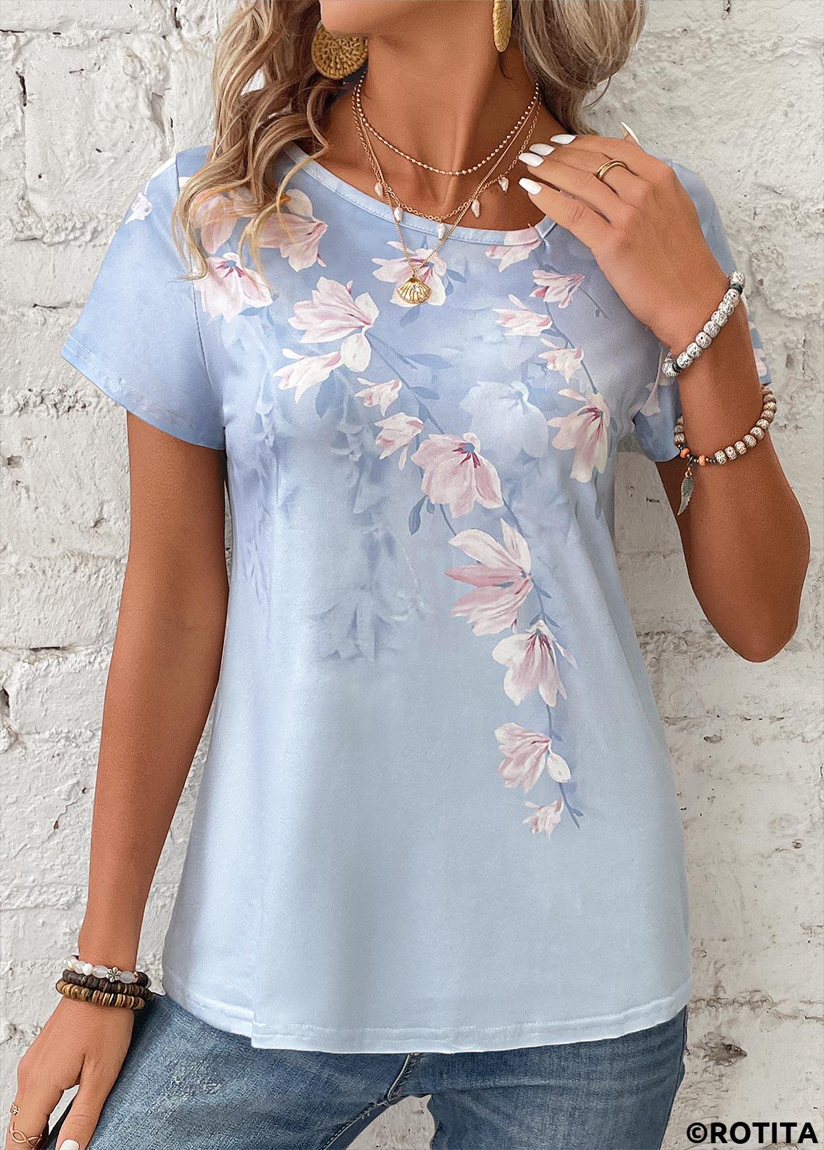Light Blue tops,Floral tops,Plants tops,Asymmetry Floral Print Light Blue Short Sleeve T Shirt