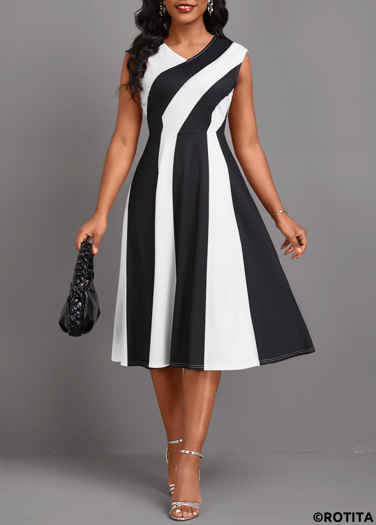 Black dresses,Raw white dresses,Contrast Color dresses,Striped dresses,Geometric dresses,Party dresses,Elegant dresses,ROTITA Patchwork Black V Neck Sleeveless Dress