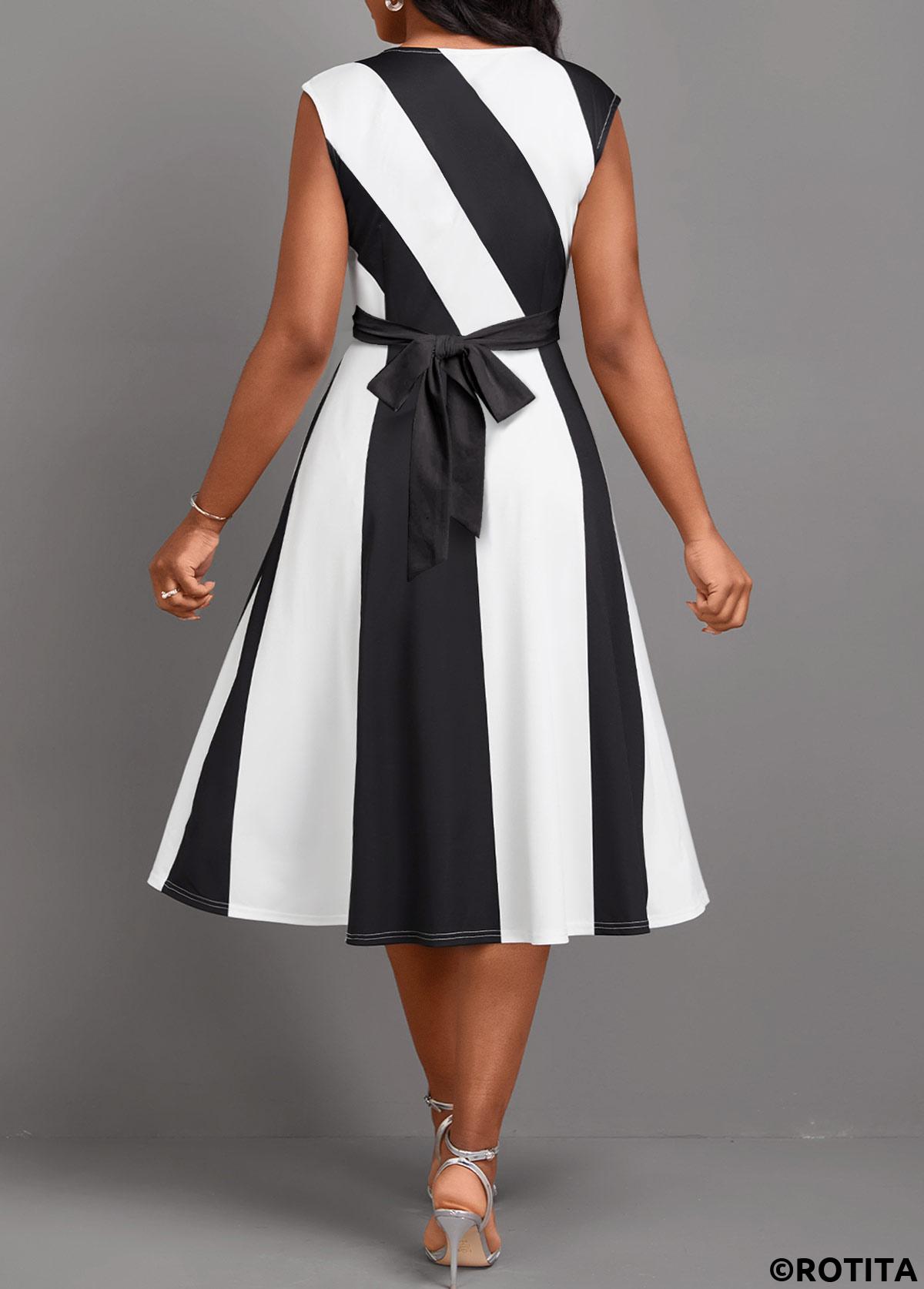 Black dresses,Raw white dresses,Contrast Color dresses,Striped dresses,Geometric dresses,Party dresses,Elegant dresses,ROTITA Patchwork Black V Neck Sleeveless Dress