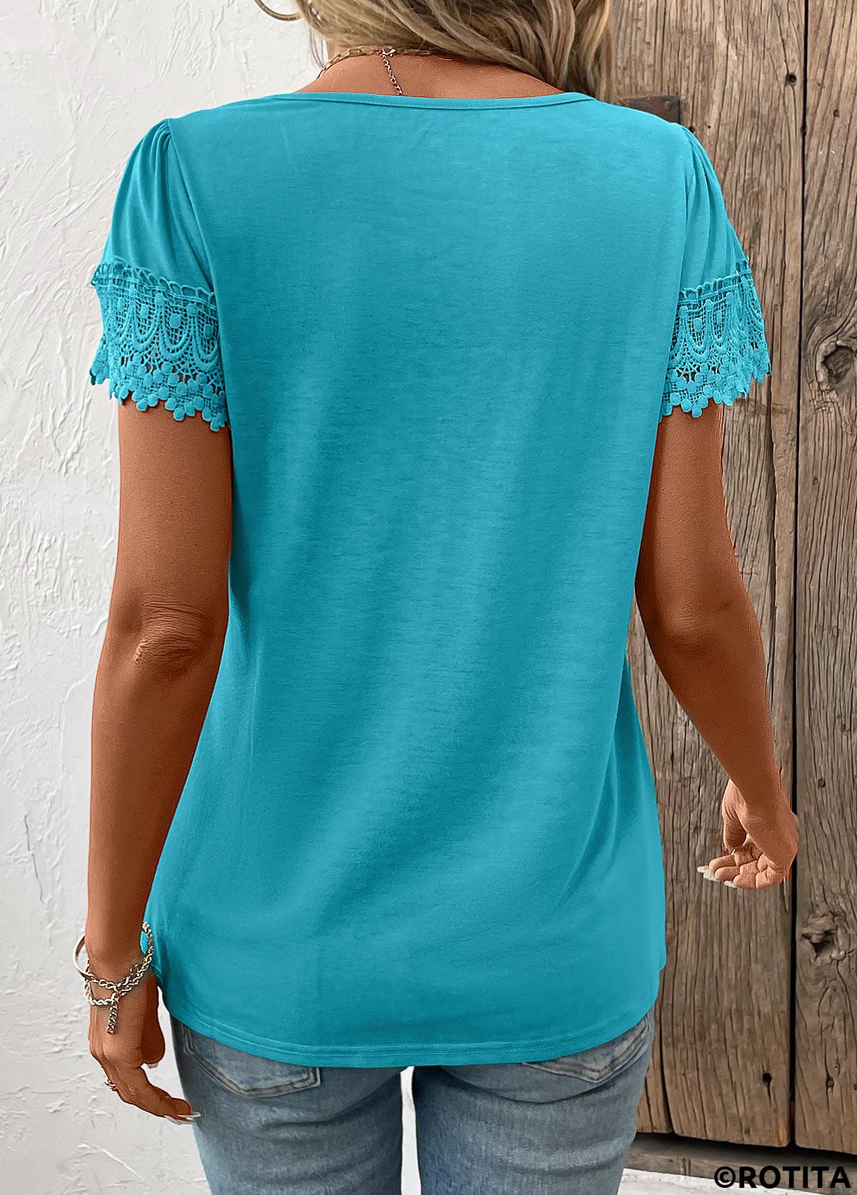 t-shirt à manches courtes et col carré bleu paon patchwork