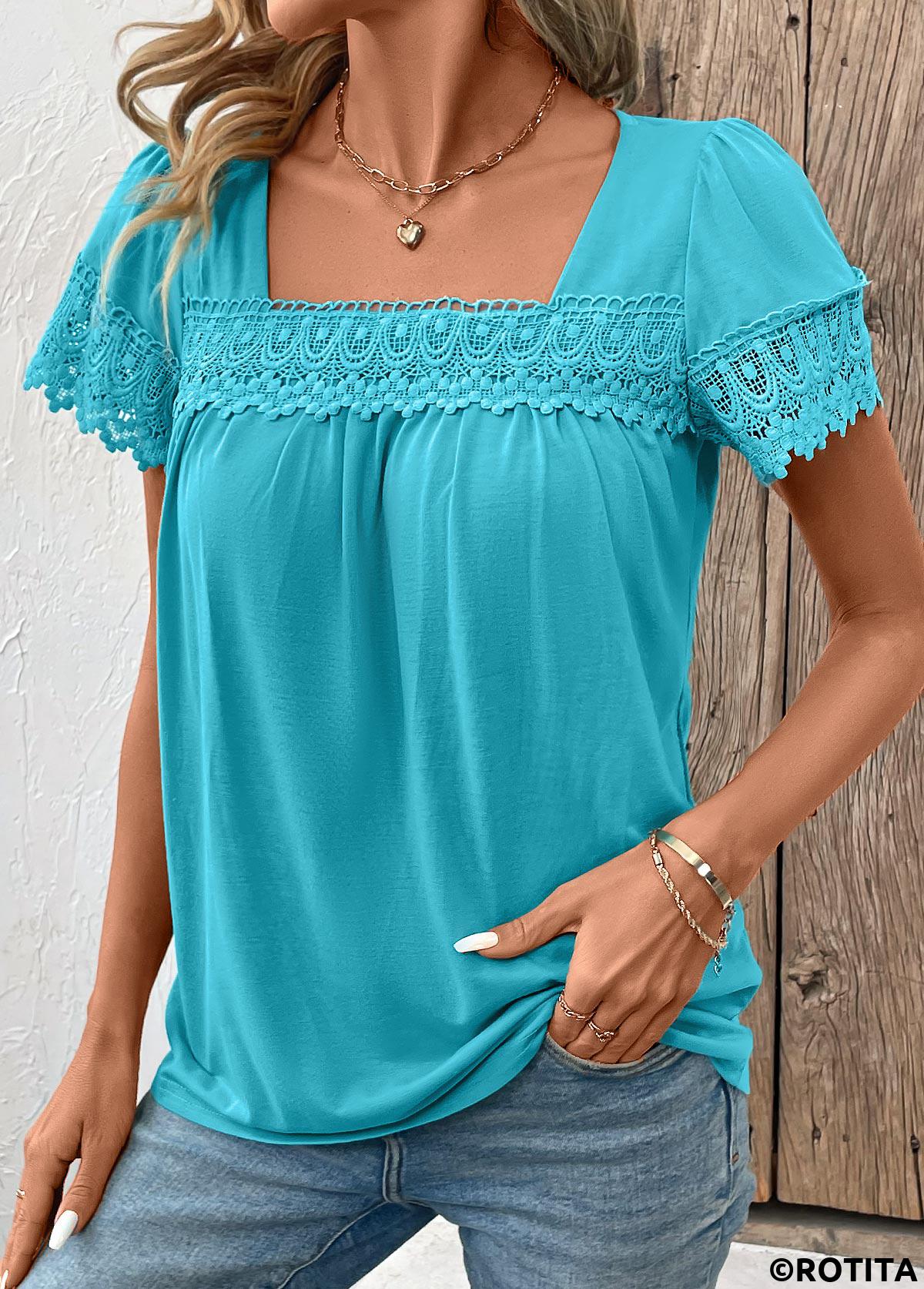 t-shirt à manches courtes et col carré bleu paon patchwork