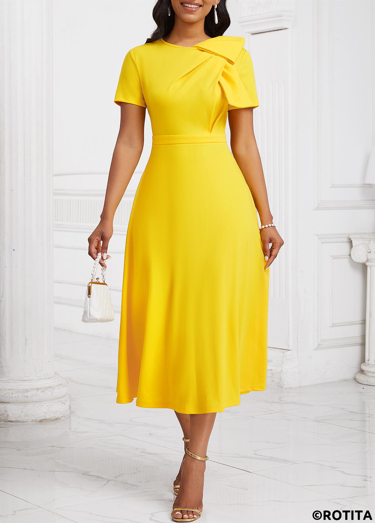 Yellow dresses,Plain Color dresses,Party dresses,Elegant dresses,ROTITA Zipper Yellow Asymmetrical Neck Short Sleeve Dress