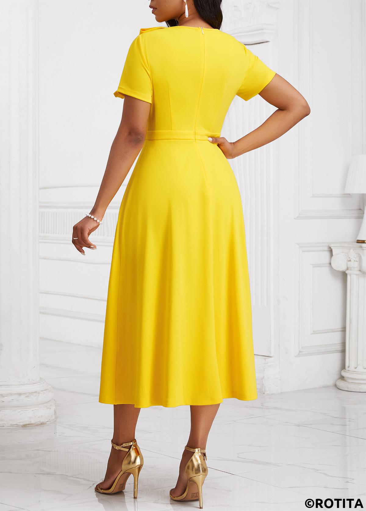 Yellow dresses,Plain Color dresses,Party dresses,Elegant dresses,ROTITA Zipper Yellow Asymmetrical Neck Short Sleeve Dress