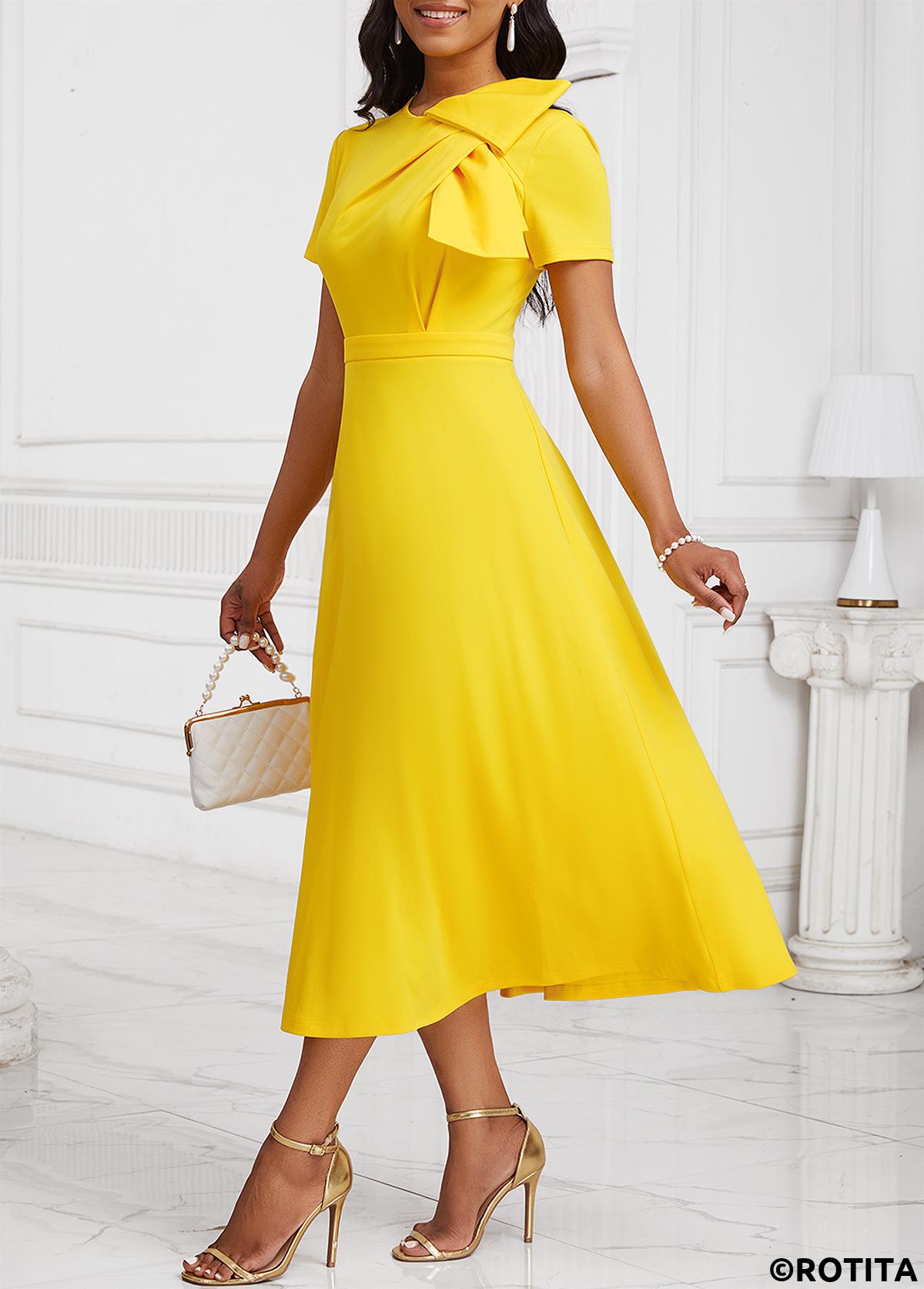 Yellow dresses,Plain Color dresses,Party dresses,Elegant dresses,ROTITA Zipper Yellow Asymmetrical Neck Short Sleeve Dress