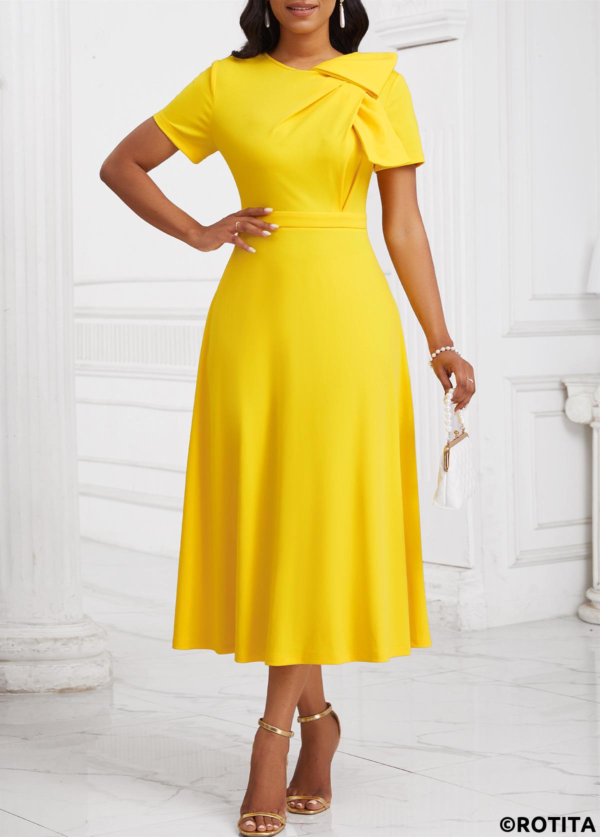 Yellow dresses,Plain Color dresses,Party dresses,Elegant dresses,ROTITA Zipper Yellow Asymmetrical Neck Short Sleeve Dress
