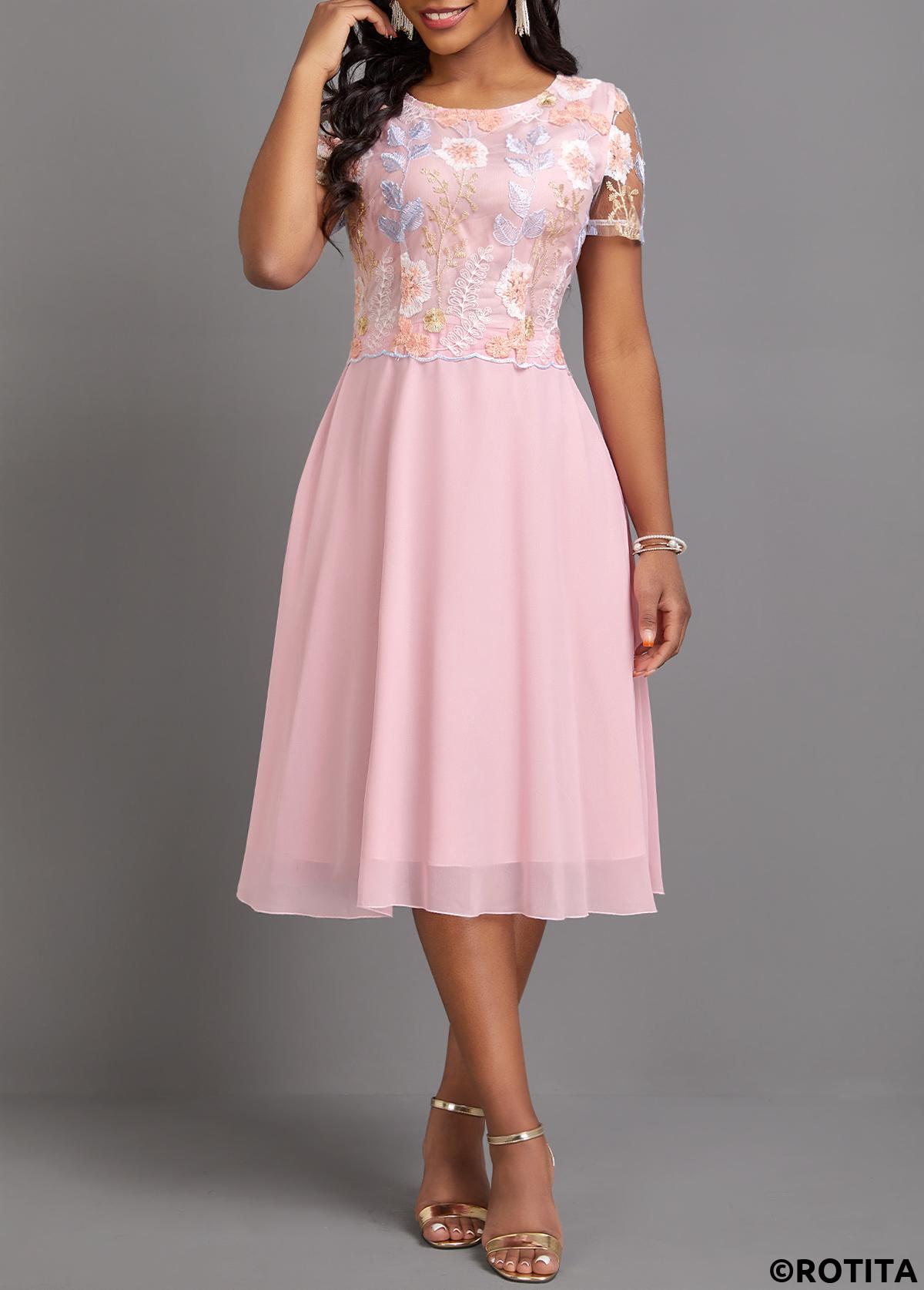 Light Pink dresses,Plain Color dresses,Party dresses,Elegant dresses,ROTITA Embroidery Light Pink Round Neck Short Sleeve Dress
