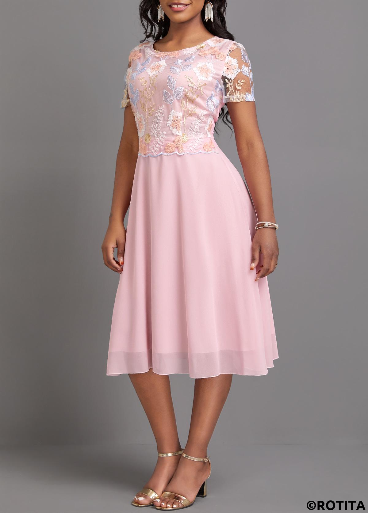 Light Pink dresses,Plain Color dresses,Party dresses,Elegant dresses,ROTITA Embroidery Light Pink Round Neck Short Sleeve Dress