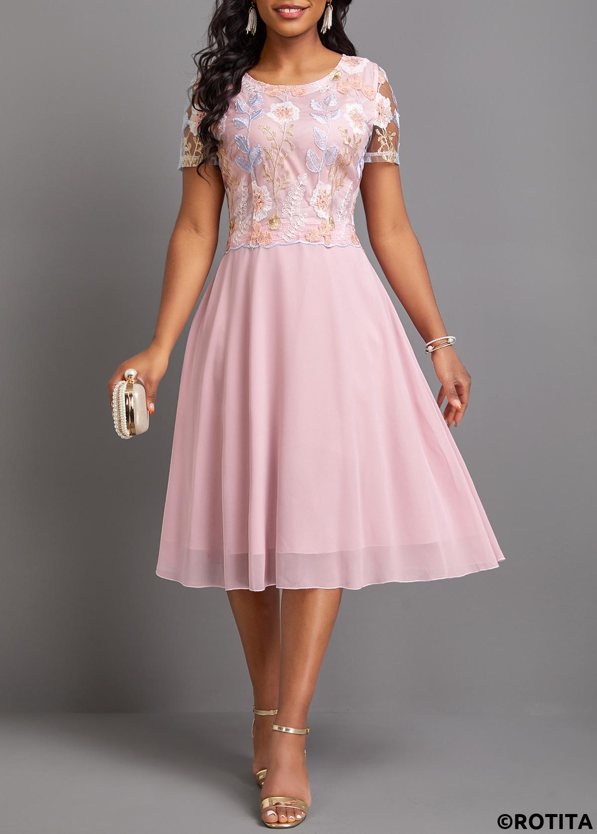 Light Pink dresses,Plain Color dresses,Party dresses,Elegant dresses,ROTITA Embroidery Light Pink Round Neck Short Sleeve Dress