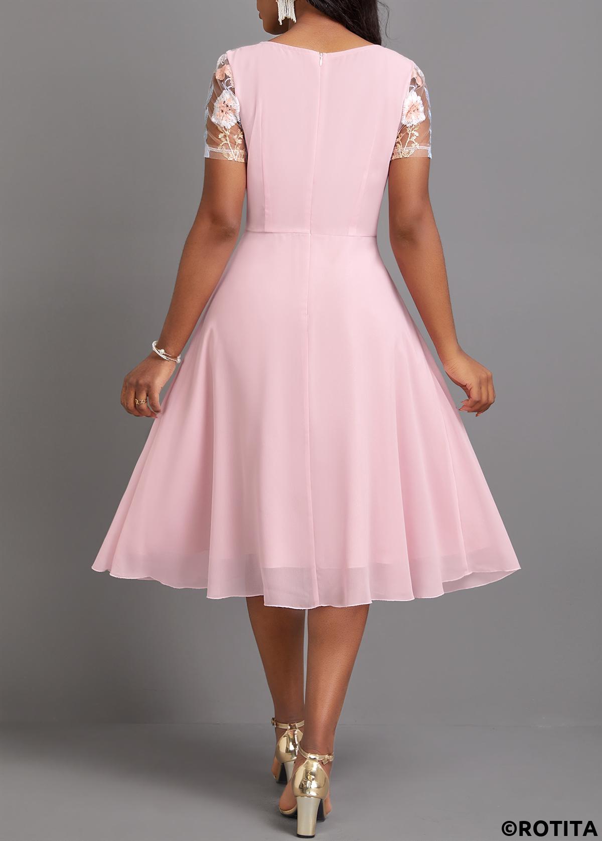 Light Pink dresses,Plain Color dresses,Party dresses,Elegant dresses,ROTITA Embroidery Light Pink Round Neck Short Sleeve Dress