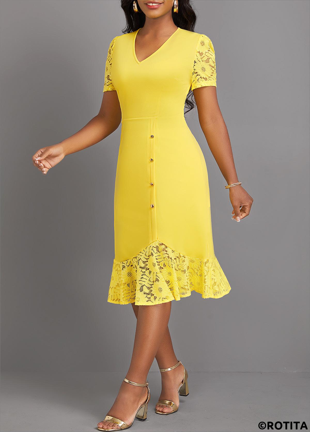 Light Yellow dresses,Plain Color dresses,Party dresses,Elegant dresses,ROTITA Lace Light Yellow V Neck Short Sleeve Dress