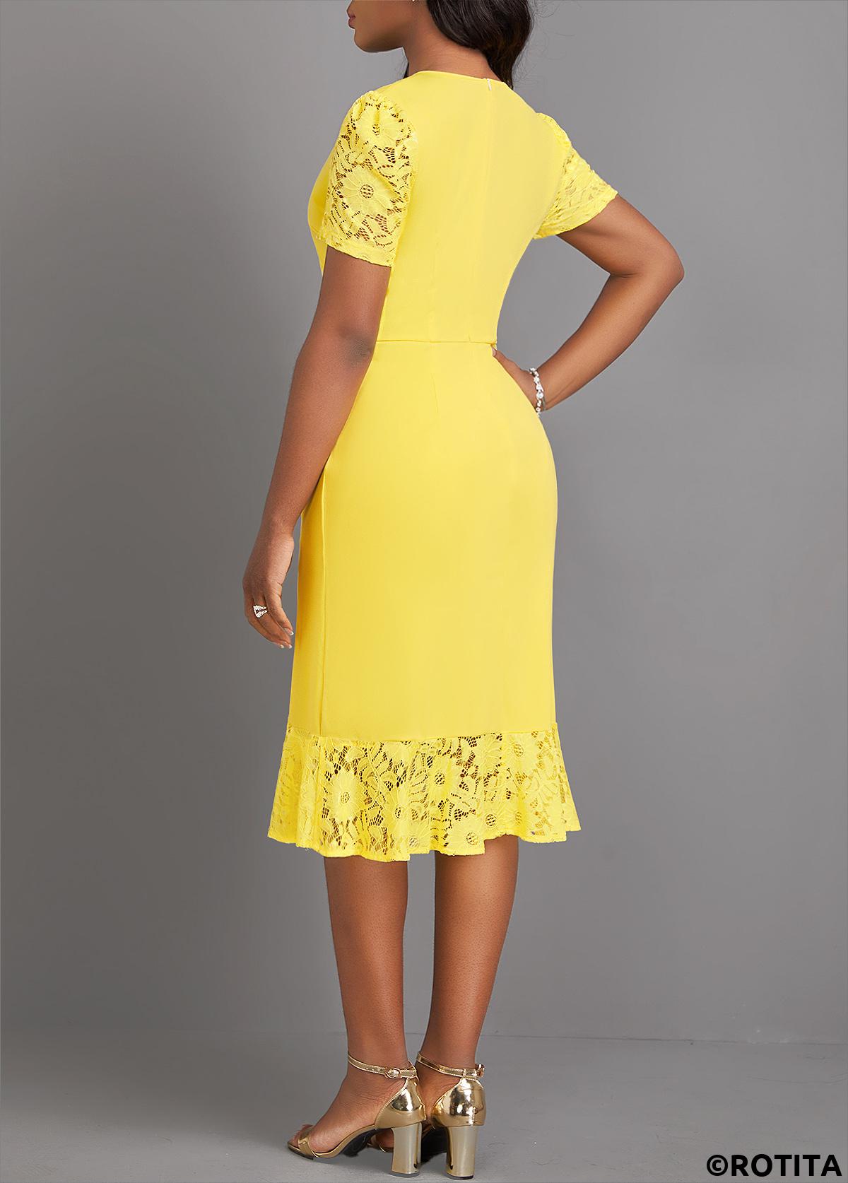 Light Yellow dresses,Plain Color dresses,Party dresses,Elegant dresses,ROTITA Lace Light Yellow V Neck Short Sleeve Dress