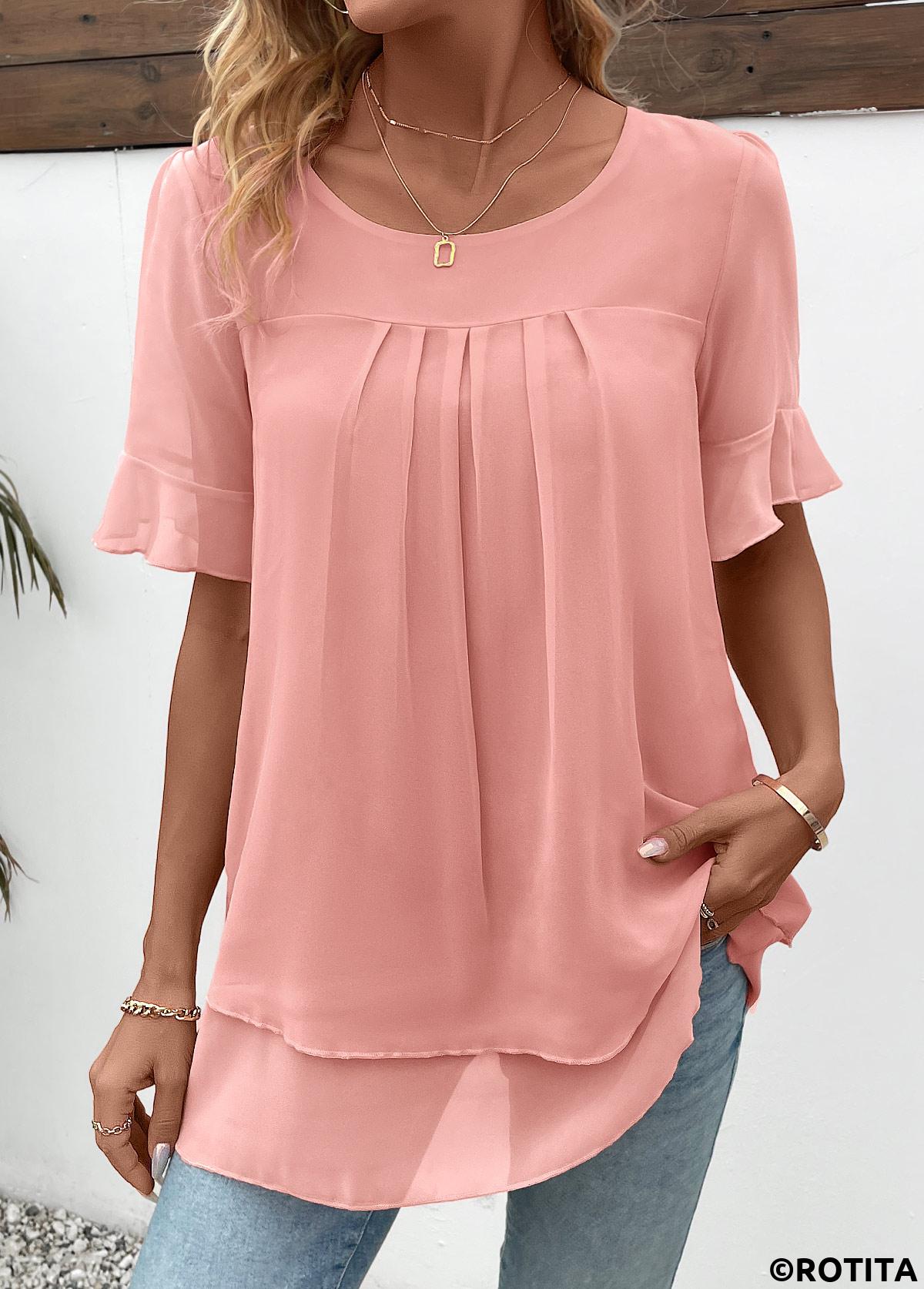 Rotita - Blouse superposée rose à manches courtes et col rond