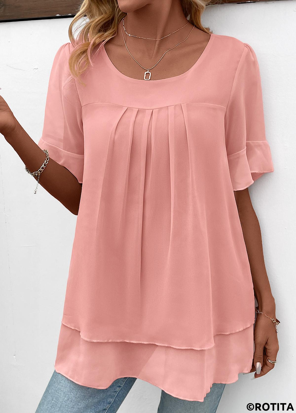 Rotita - Blouse superposée rose à manches courtes et col rond