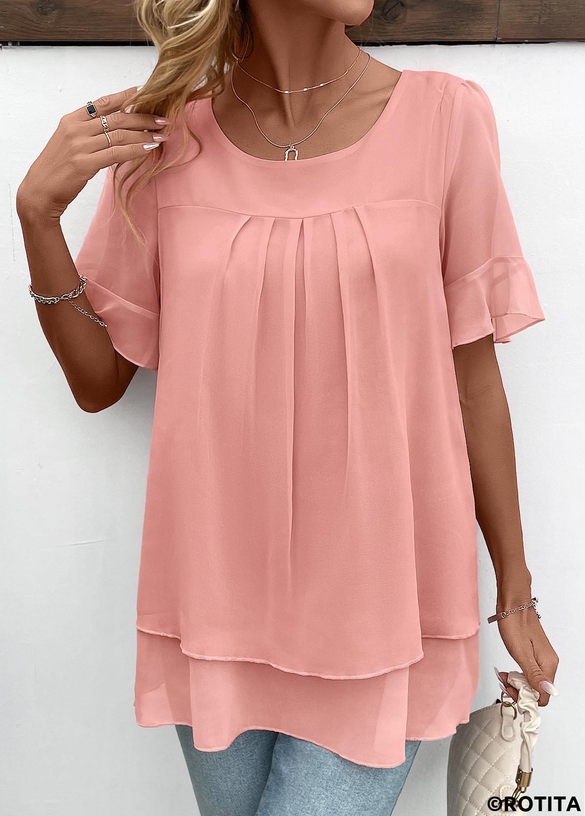 Rotita - Blouse superposée rose à manches courtes et col rond