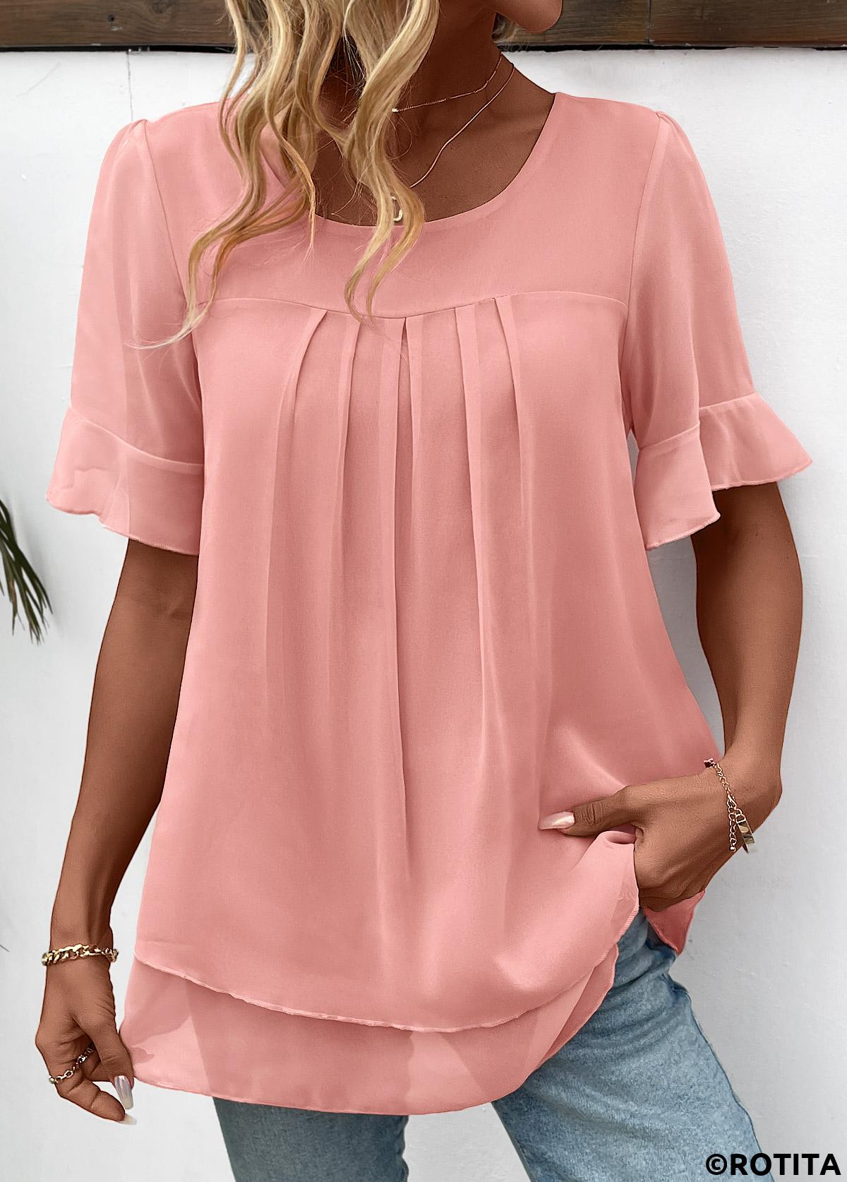 Rotita - Blouse superposée rose à manches courtes et col rond