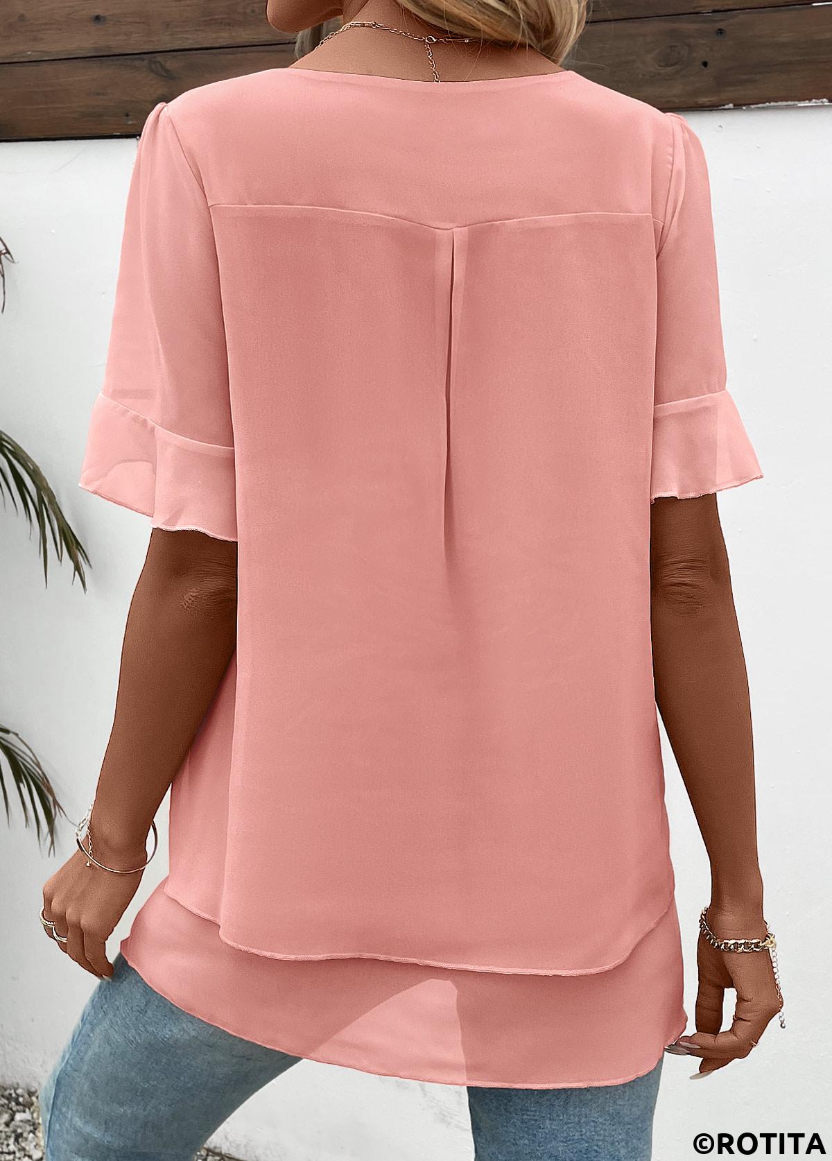Rotita - Blouse superposée rose à manches courtes et col rond