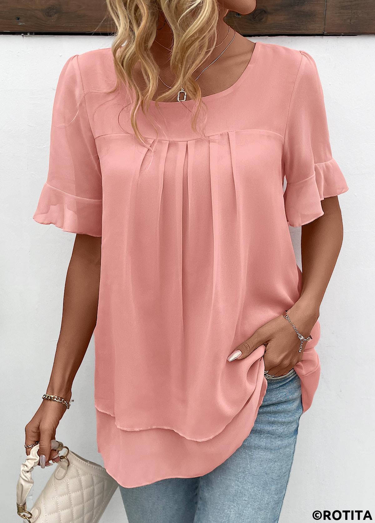 Rotita - Blouse superposée rose à manches courtes et col rond