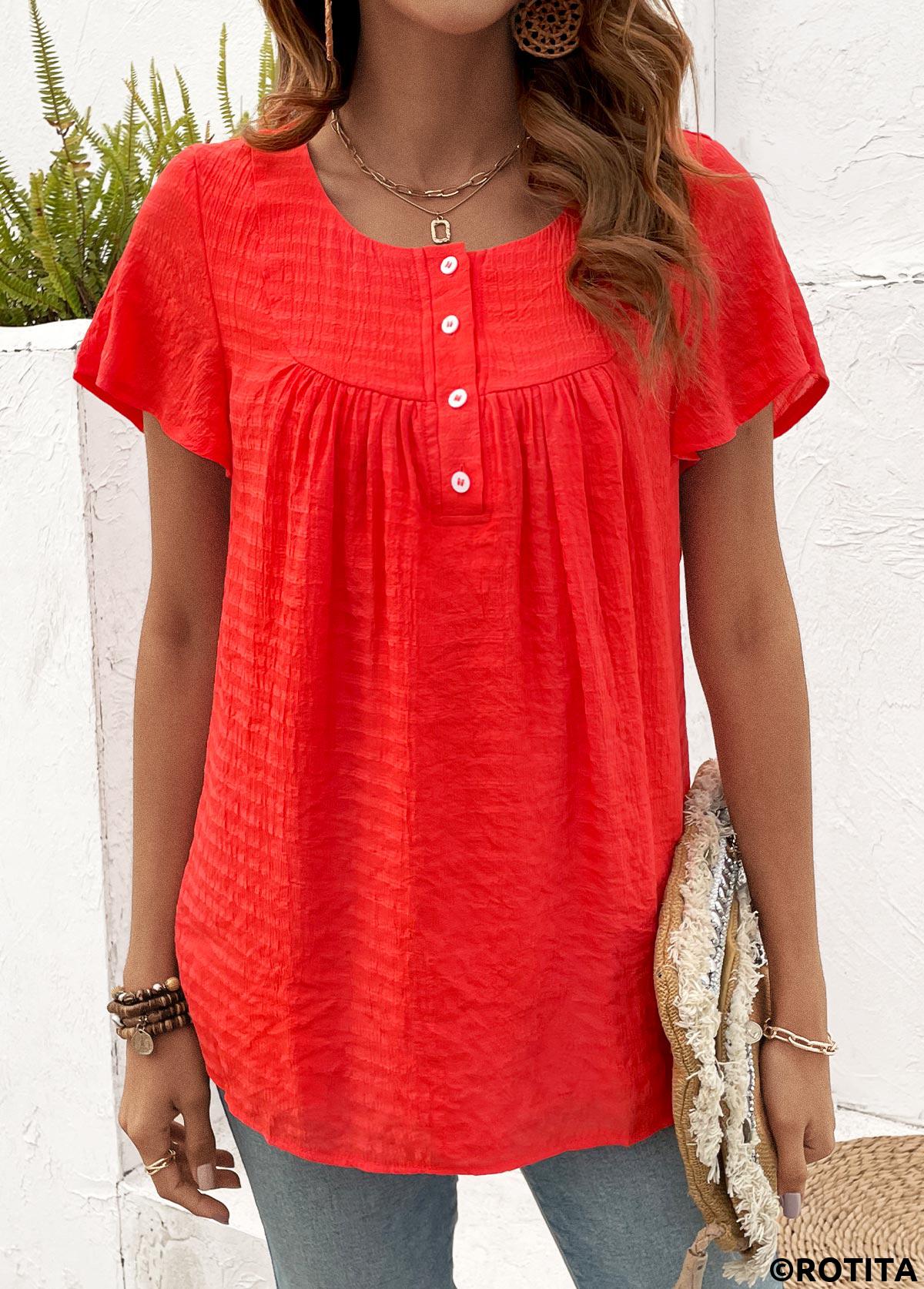 Neon Red tops,Plain Color tops,ROTITA Button Neon Red Round Neck Short Sleeve T Shirt