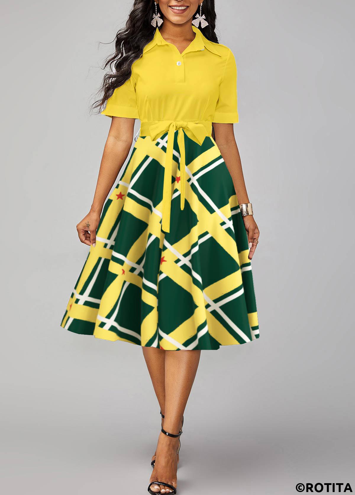 Yellow dresses,Blackish Green dresses,Geometric dresses,Striped dresses,Plaid dresses,Party dresses,Elegant dresses,ROTITA Umbrella Hem Geometric Print Yellow Belted Shirt Collar Dress