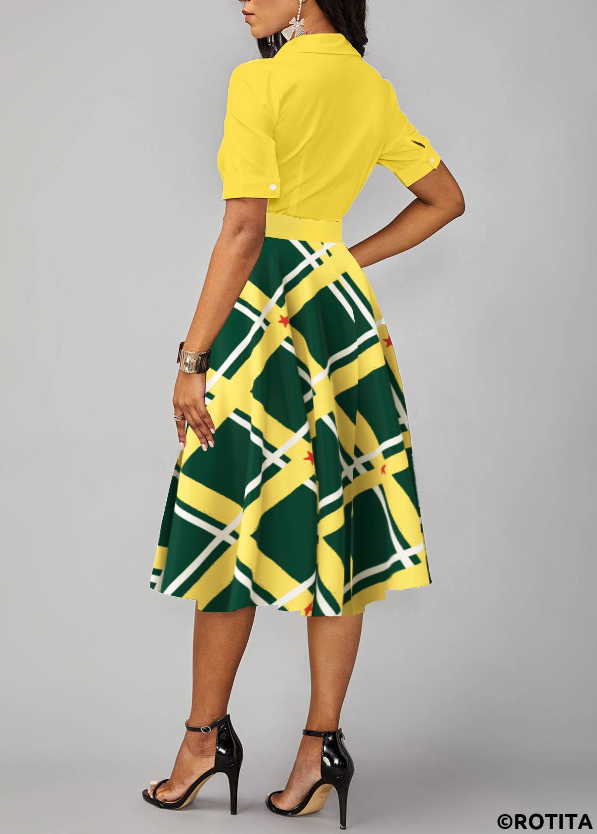 Yellow dresses,Blackish Green dresses,Geometric dresses,Striped dresses,Plaid dresses,Party dresses,Elegant dresses,ROTITA Umbrella Hem Geometric Print Yellow Belted Shirt Collar Dress