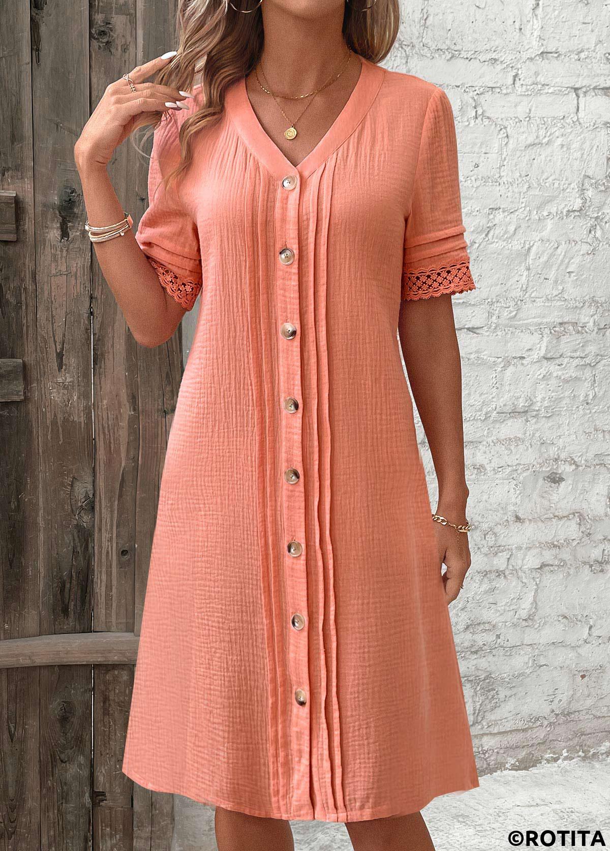 Dusty Pink dresses,Plain Color dresses,Everyday dresses,Casual dresses,ROTITA Button Dusty Pink A Line V Neck Dress