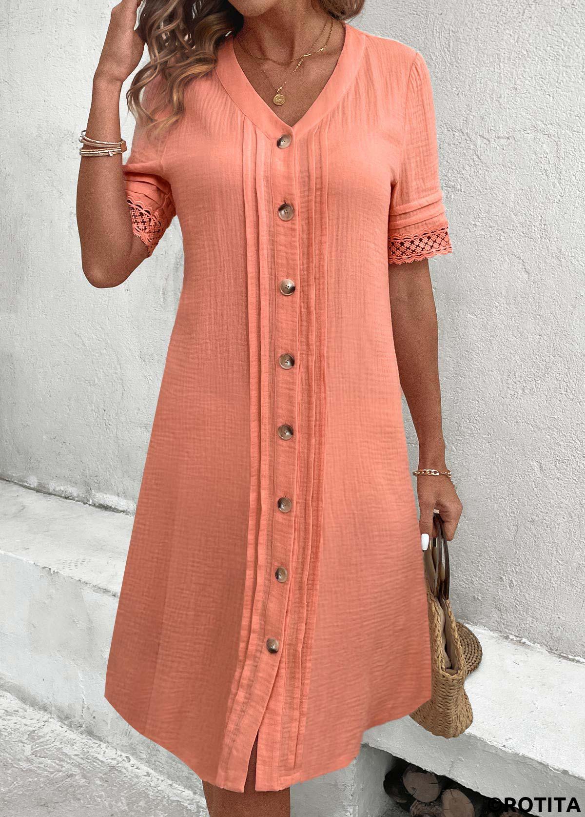 Dusty Pink dresses,Plain Color dresses,Everyday dresses,Casual dresses,ROTITA Button Dusty Pink A Line V Neck Dress