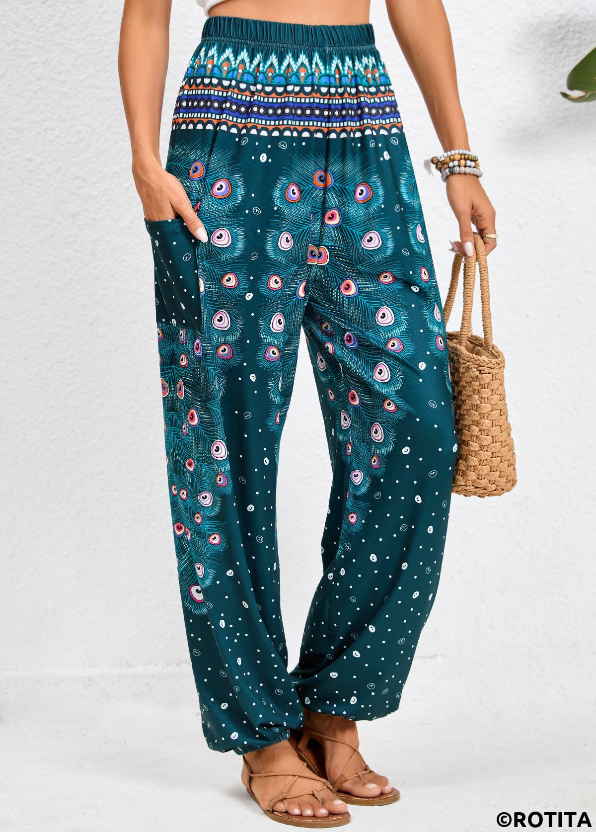 Turquoise bottoms,Tribal bottoms,Dot bottoms,Geometric bottoms,Pocket Feathers Print Turquoise Jogger Elastic Waist Pants