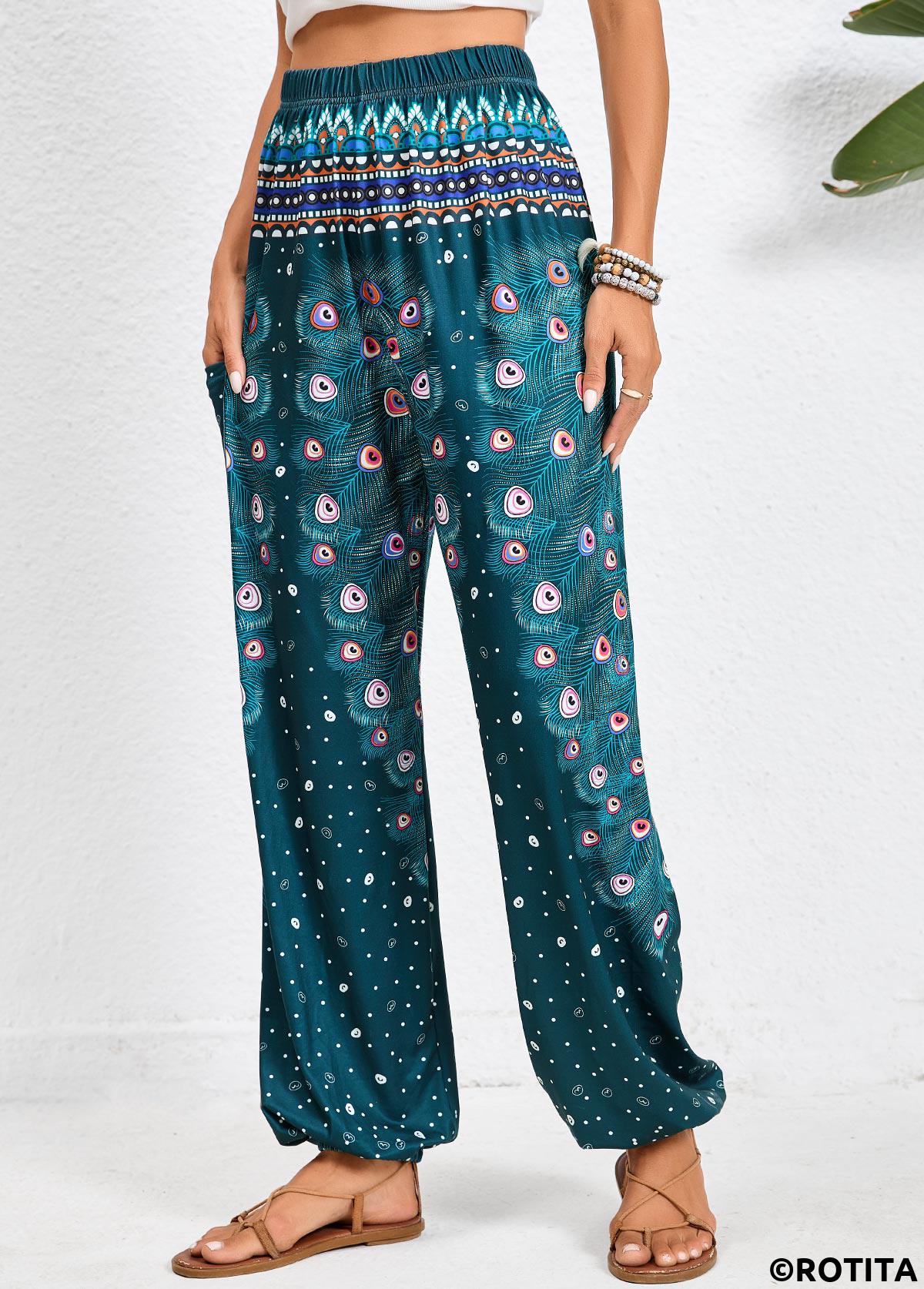 Turquoise bottoms,Tribal bottoms,Dot bottoms,Geometric bottoms,Pocket Feathers Print Turquoise Jogger Elastic Waist Pants