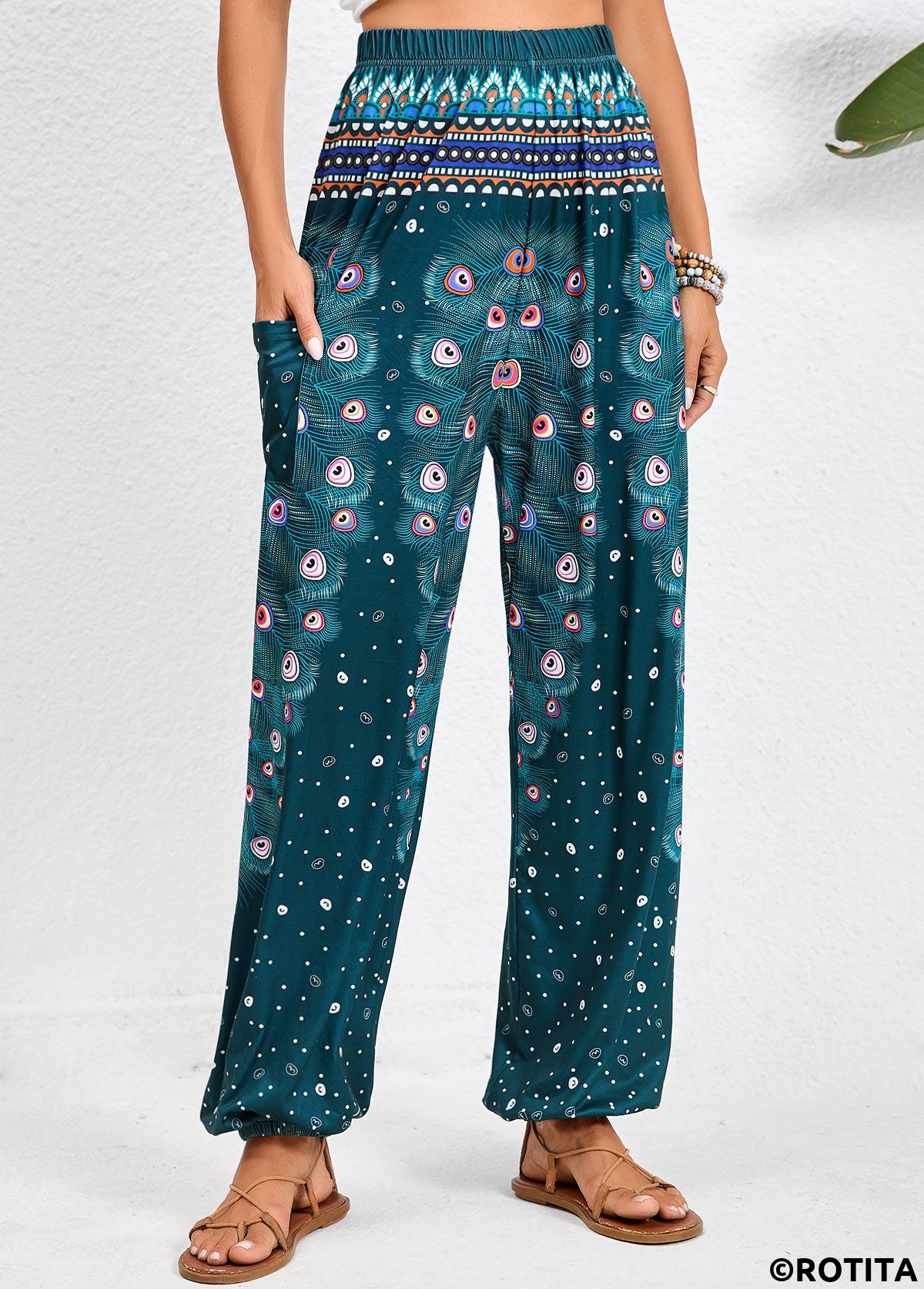 Turquoise bottoms,Tribal bottoms,Dot bottoms,Geometric bottoms,Pocket Feathers Print Turquoise Jogger Elastic Waist Pants
