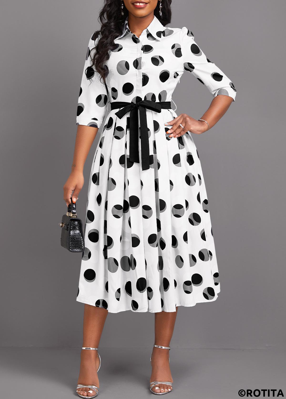 robe blanche ceinturée à imprimé géométrique et boutons rotita