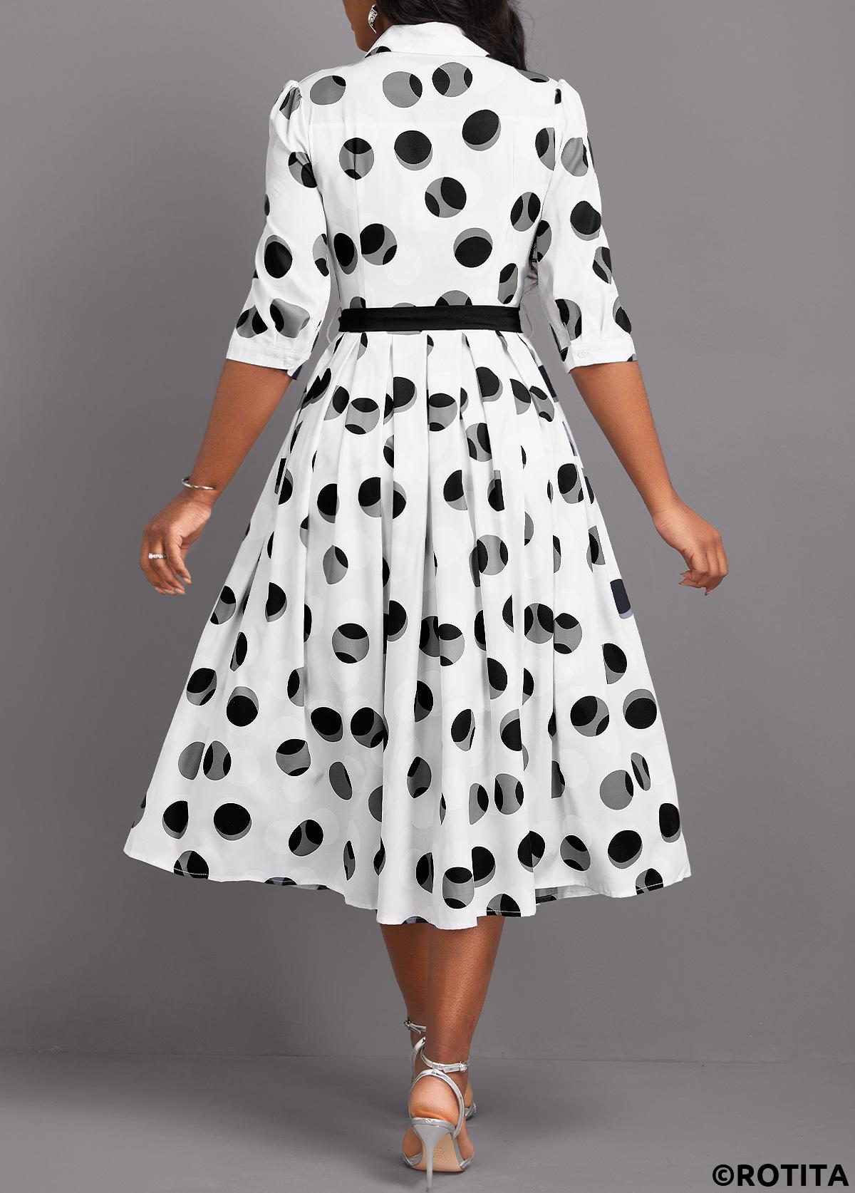 robe blanche ceinturée à imprimé géométrique et boutons rotita
