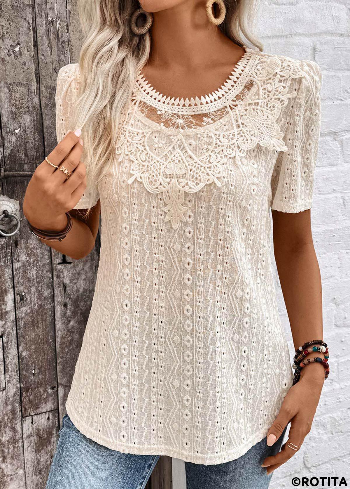 Light Camel tops,Plain Color tops,ROTITA Embroidery Light Camel Round Neck Short Sleeve T Shirt