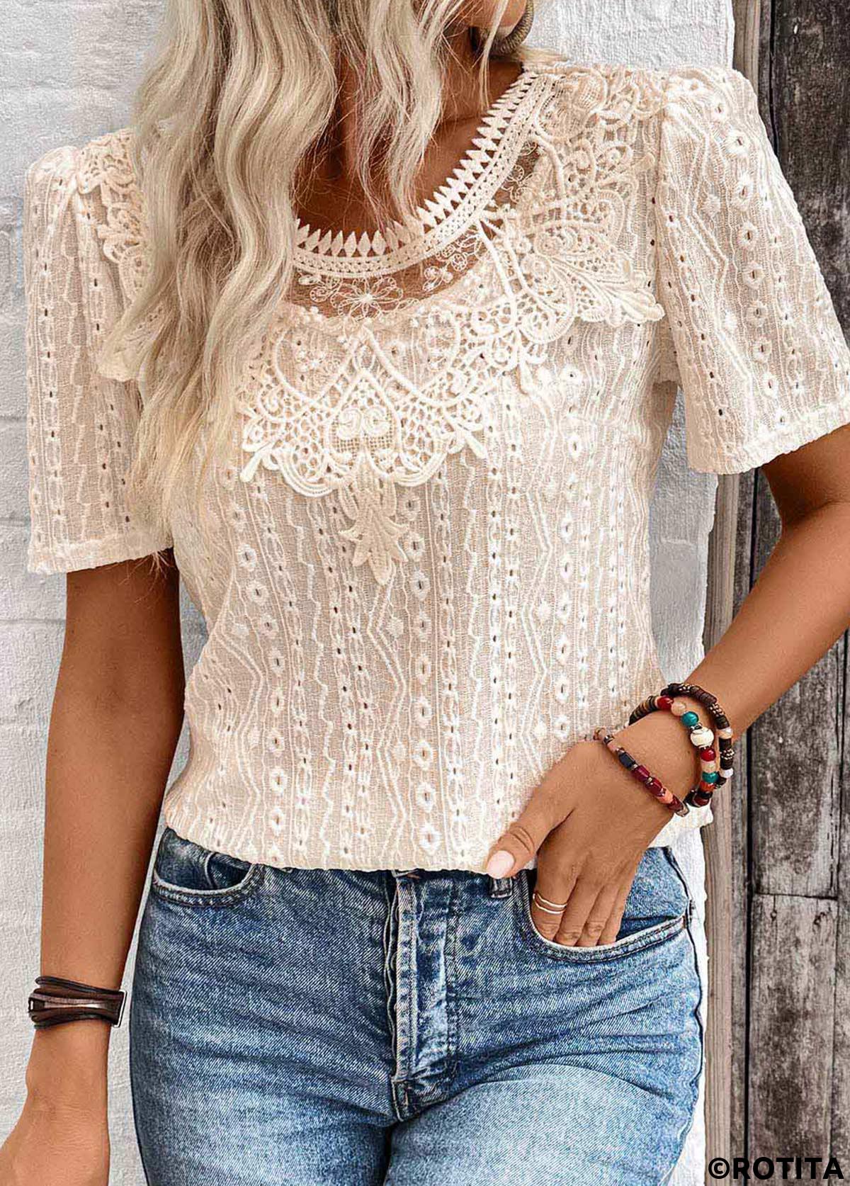 Light Camel tops,Plain Color tops,ROTITA Embroidery Light Camel Round Neck Short Sleeve T Shirt