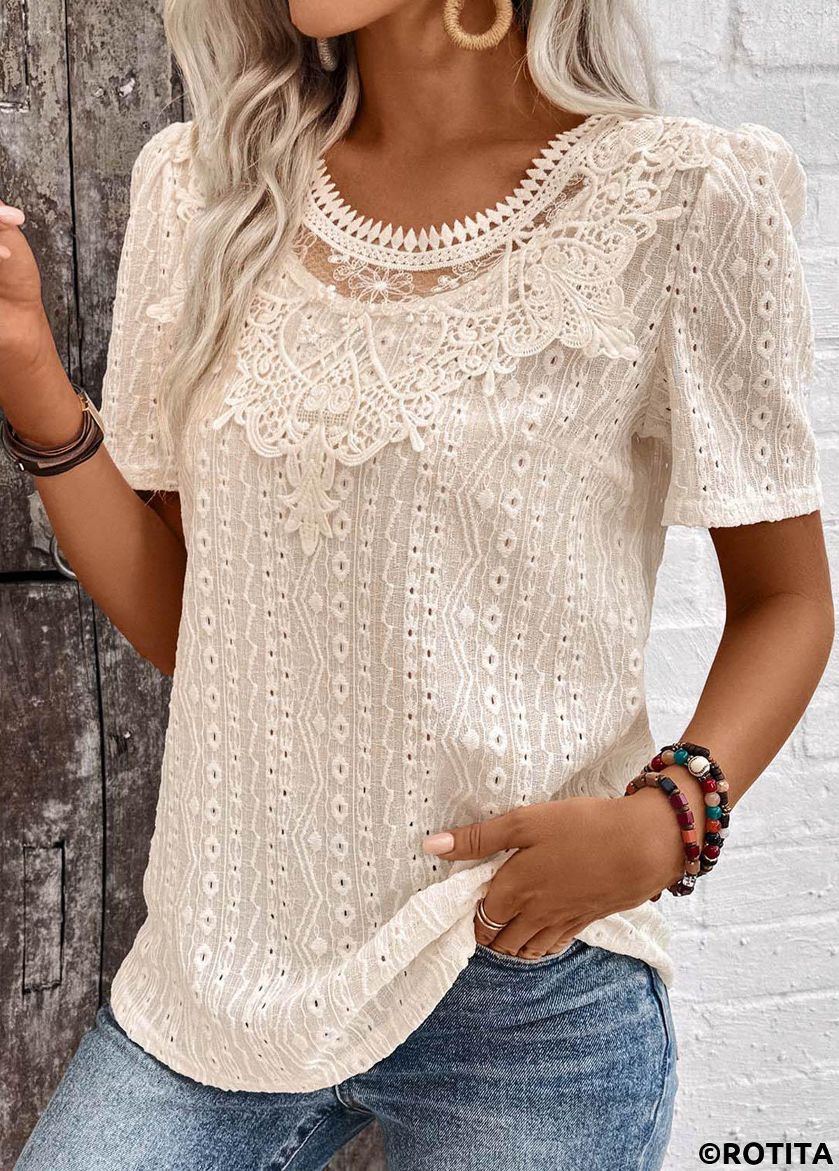 Light Camel tops,Plain Color tops,ROTITA Embroidery Light Camel Round Neck Short Sleeve T Shirt