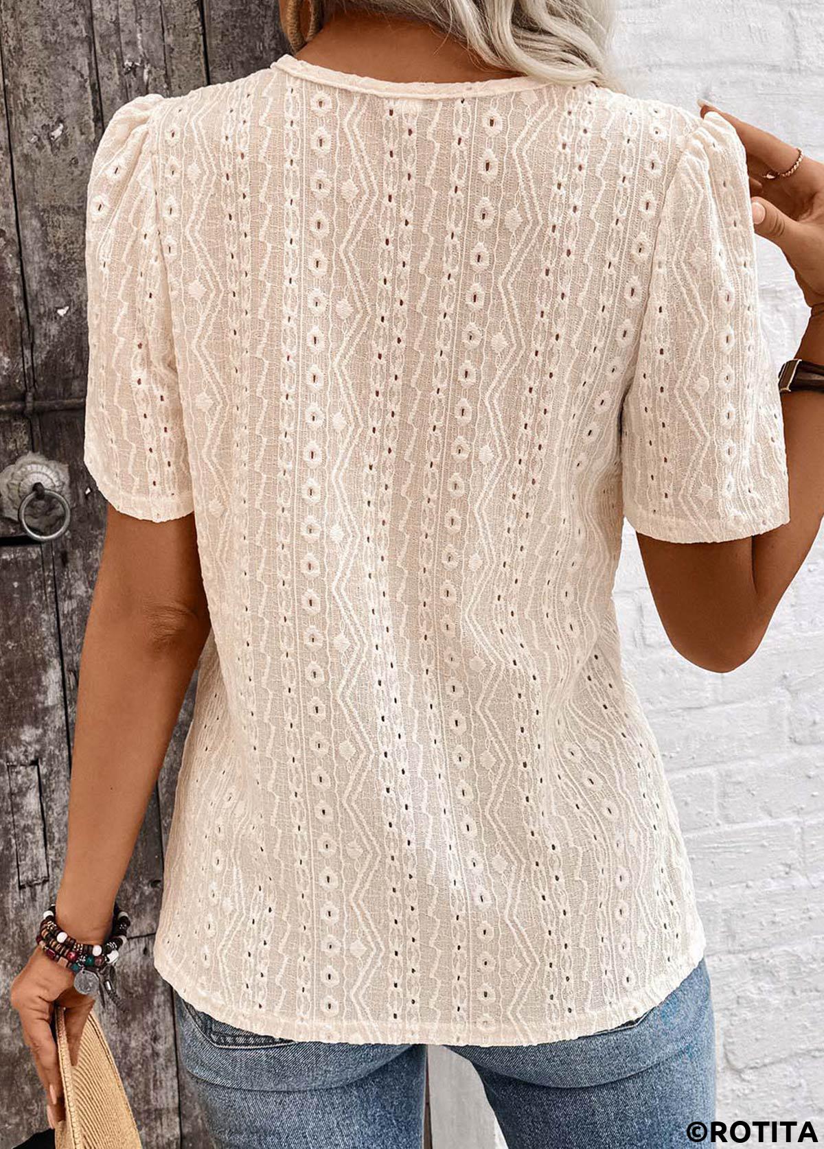 Light Camel tops,Plain Color tops,ROTITA Embroidery Light Camel Round Neck Short Sleeve T Shirt