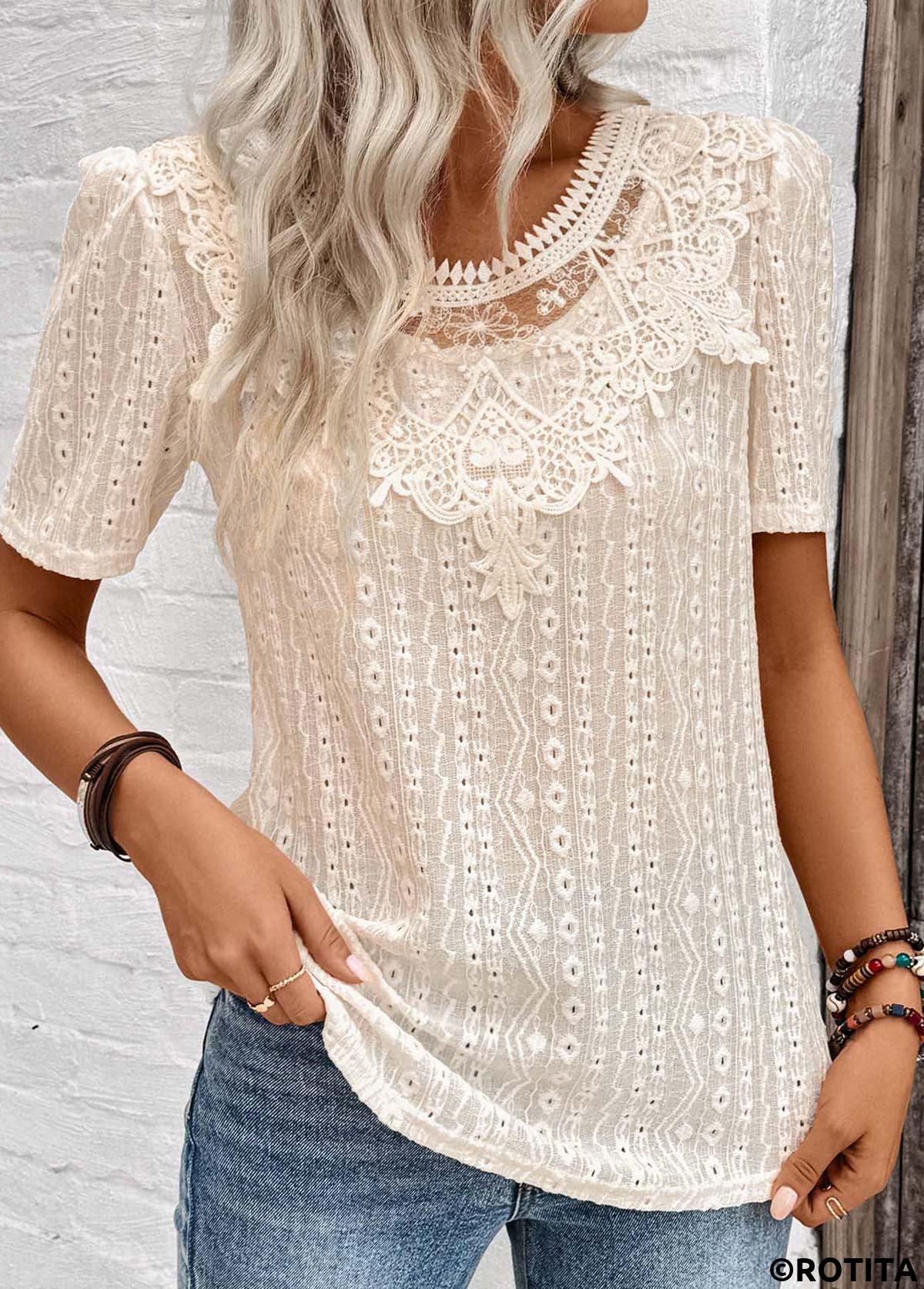 Light Camel tops,Plain Color tops,ROTITA Embroidery Light Camel Round Neck Short Sleeve T Shirt