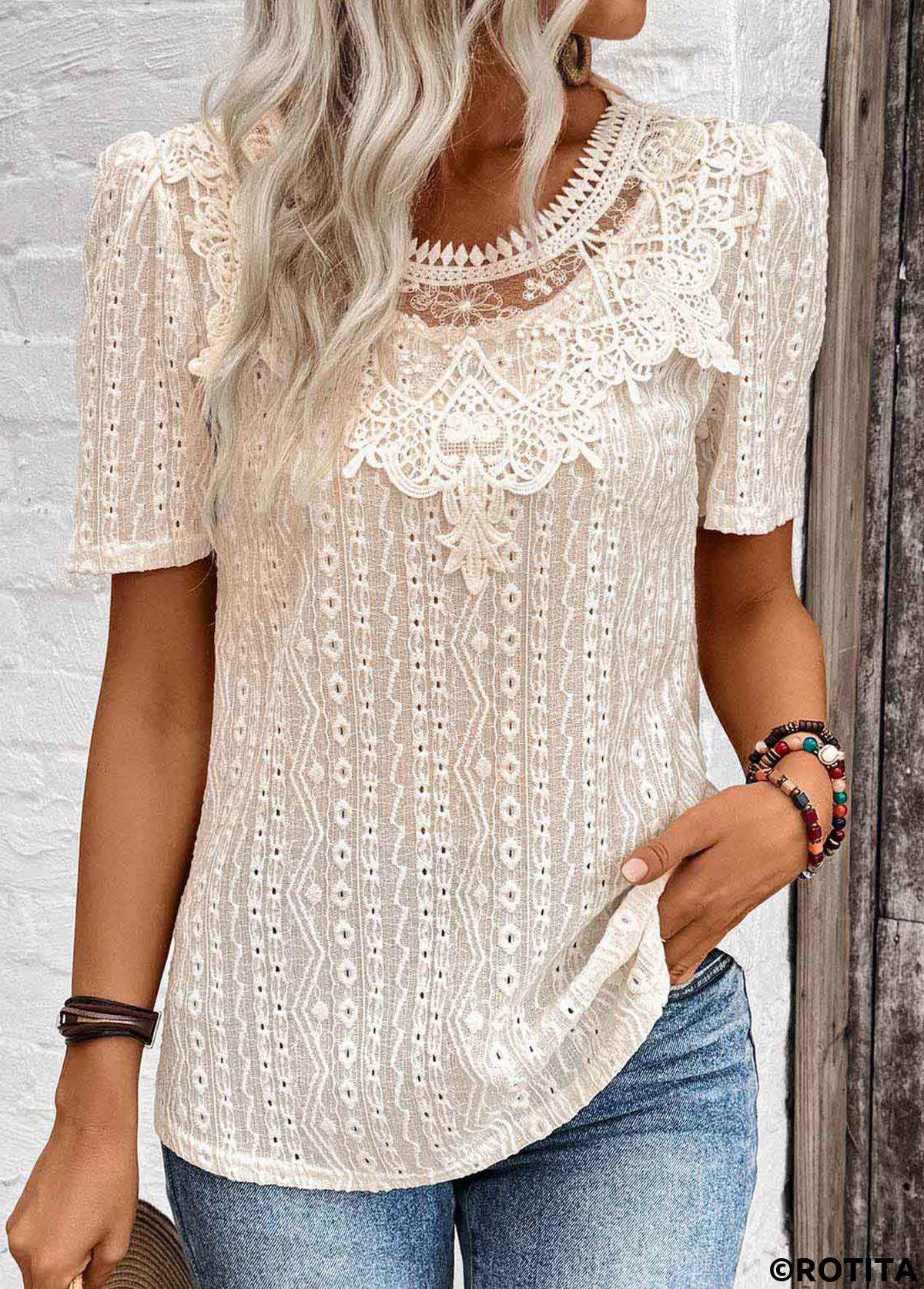 Light Camel tops,Plain Color tops,ROTITA Embroidery Light Camel Round Neck Short Sleeve T Shirt