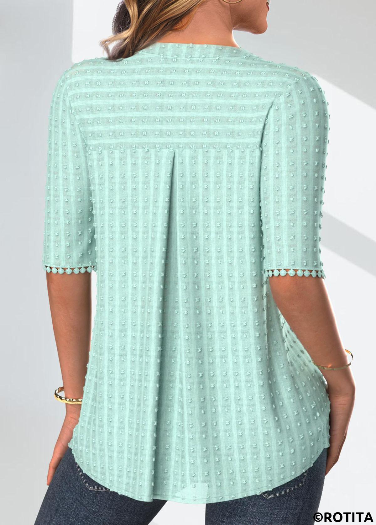 Rotita-Patchwork-Bluse in Mintgrün mit geteiltem Ausschnitt und halben Ärmeln