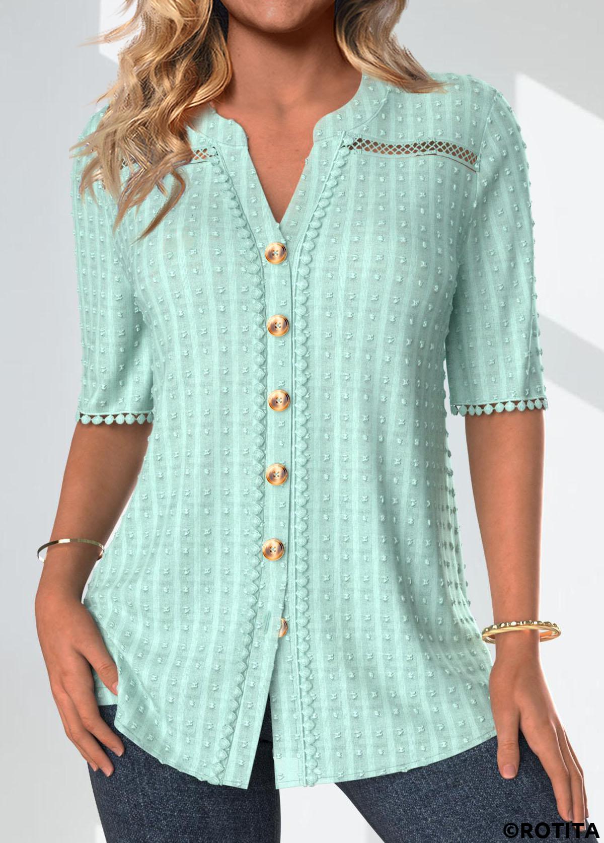 Rotita-Patchwork-Bluse in Mintgrün mit geteiltem Ausschnitt und halben Ärmeln