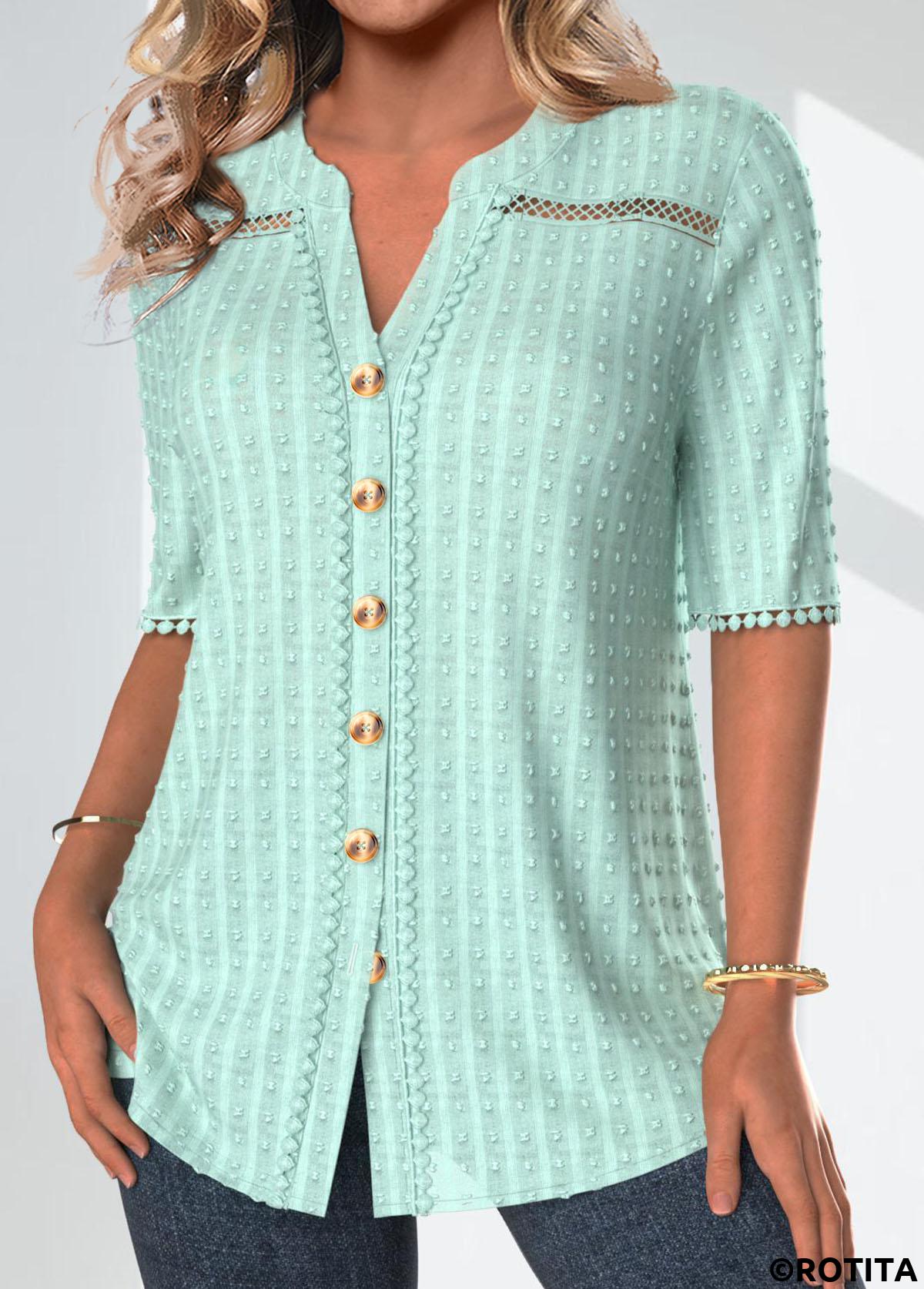 Rotita-Patchwork-Bluse in Mintgrün mit geteiltem Ausschnitt und halben Ärmeln